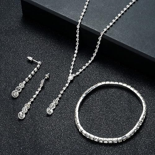 Miniatura 2 de CASSIECA Juego de joyas de plata para novia, collar de diamantes de imitación, pulsera y aretes colgantes para novia, dama de honor, lágrima