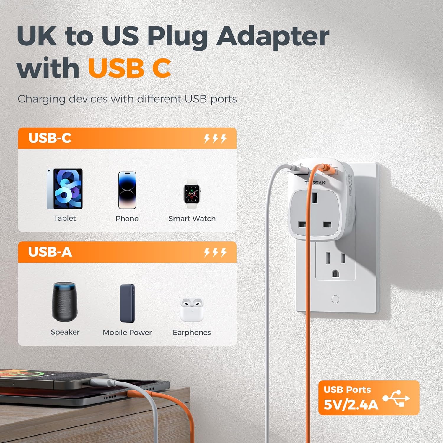 TESSAN UK to US Plug Adapter charging multiple devices via USB-A and USB-C