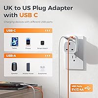 Vista 3 de TESSAN Adaptador de enchufe de Reino Unido a EE. UU., Adaptador de enchufe del Reino Unido con salida de CA 2 puertos USB, adaptador de toma