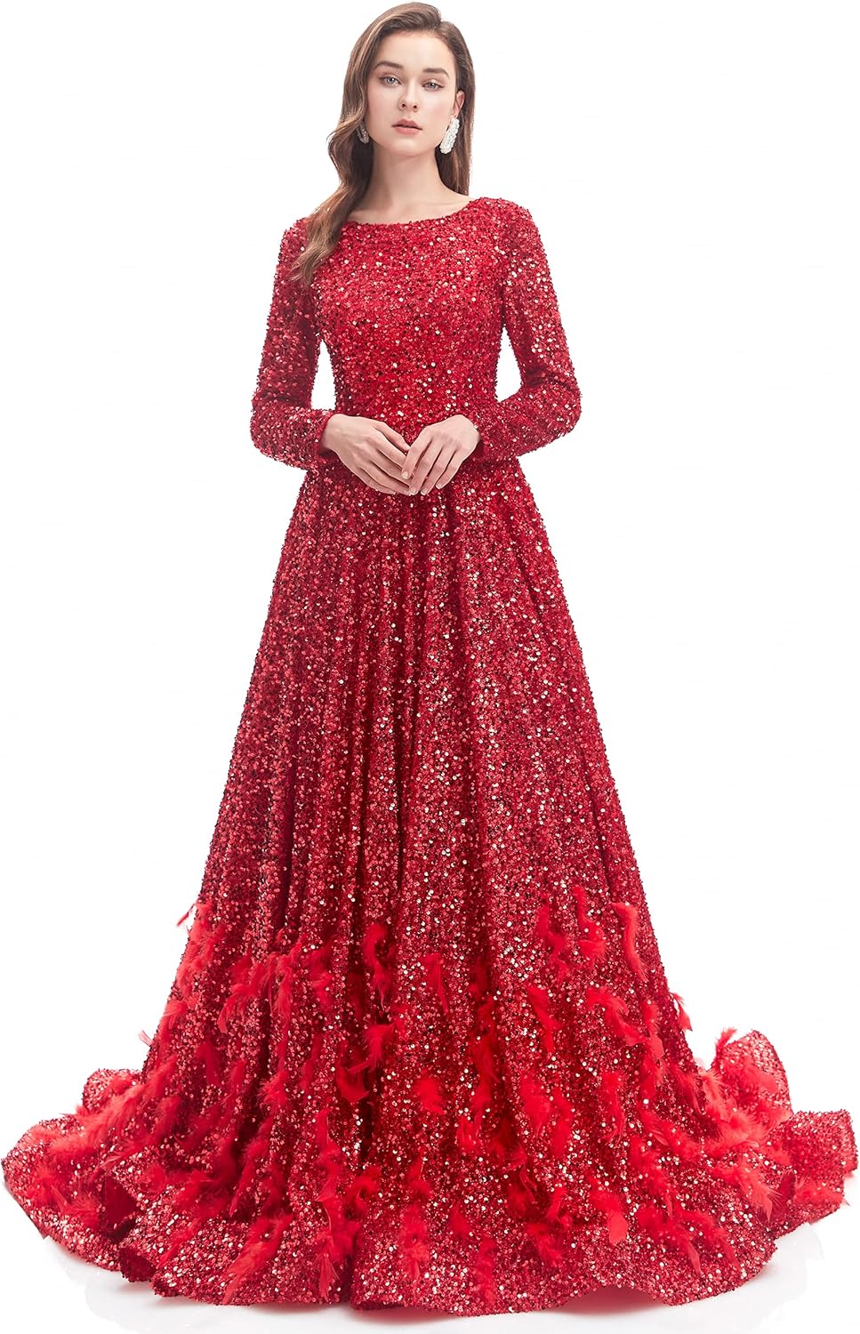 Women's Prom Ball Gown Long Sleeves Sequins Feather Lace-up Evening Dress US14