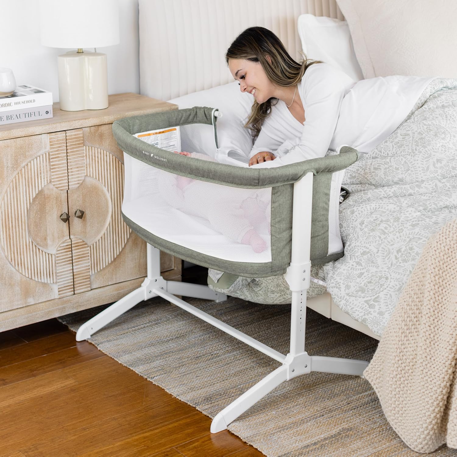Baby Delight Beside Me Serenity Bassinet | Lightweight Bedside Sleeper & Baby Bassinet | 7-Position Height Adjustment | Sage Tweed