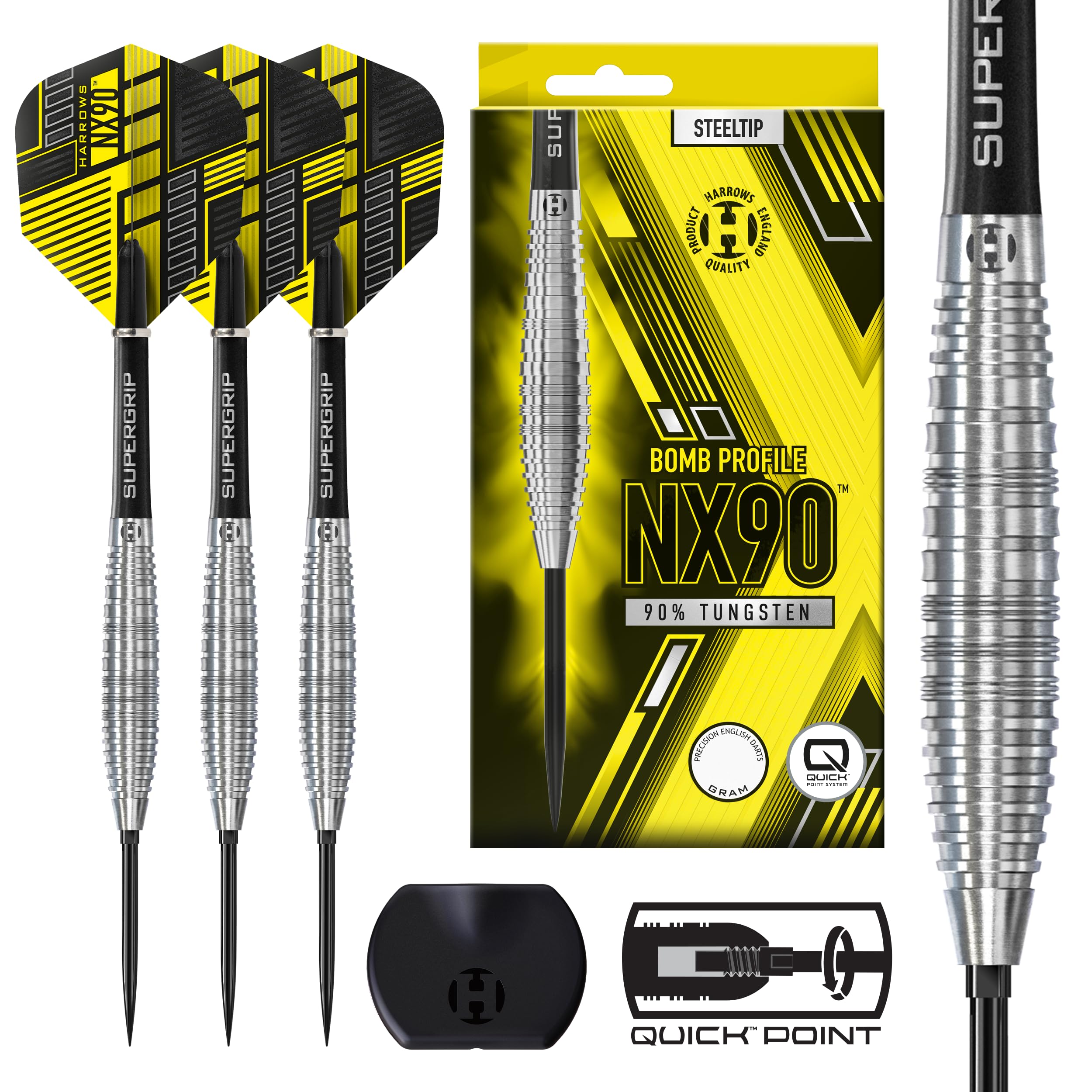 Harrows NX90 Set di freccette professionali a forma di bomba (23 g) I freccette professionali con punta in acciaio al tungsteno al 90% con sistema di cambio rapido I, set da 10 pezzi con asta nera