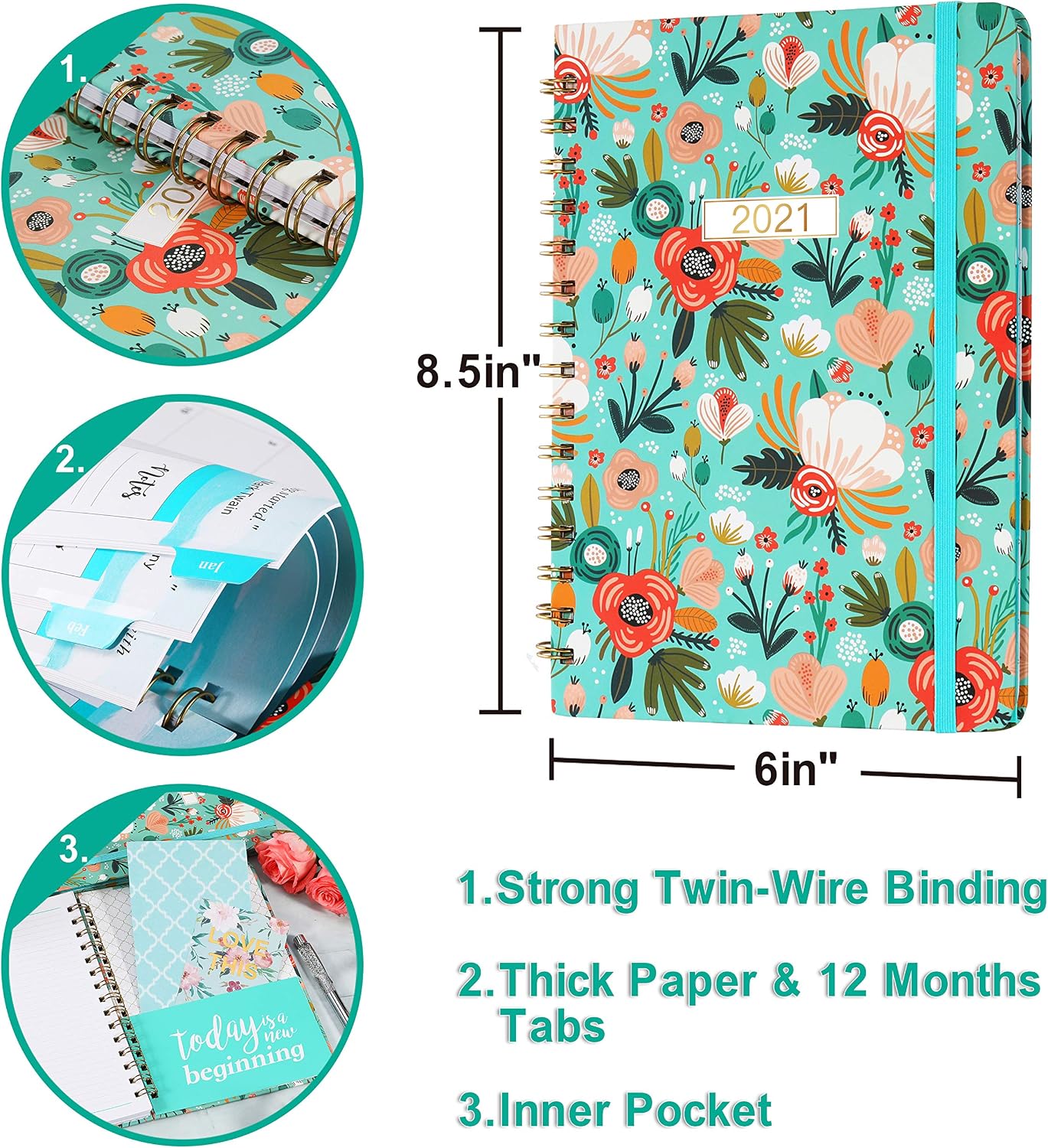 2021 Planner - 2021 Weekly & Monthly Planner with Tabs, Jan 2021 - Dec 2021, 8.5" x 6", Inner Pocket, Elastic Closure, Strong Twin-Wire Binding