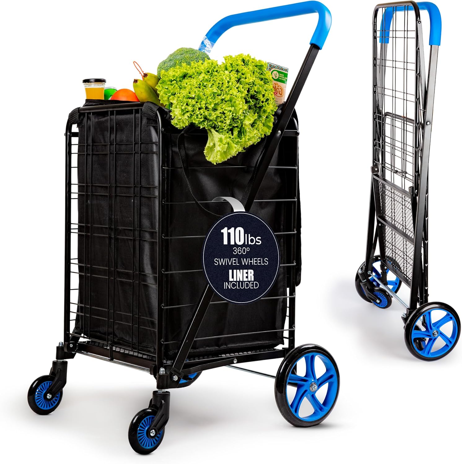 Shopping Cart with Wheels and Waterpoof Shopping Cart Liner Robust Heavy Duty