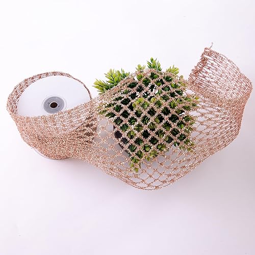 Miniatura 5 de CSZD RIBBON Cinta de malla metálica con purpurina elástica de oro rosa con alambre de 2.5 a 7 pulgadas de ancho para árbol de Navidad, decoración