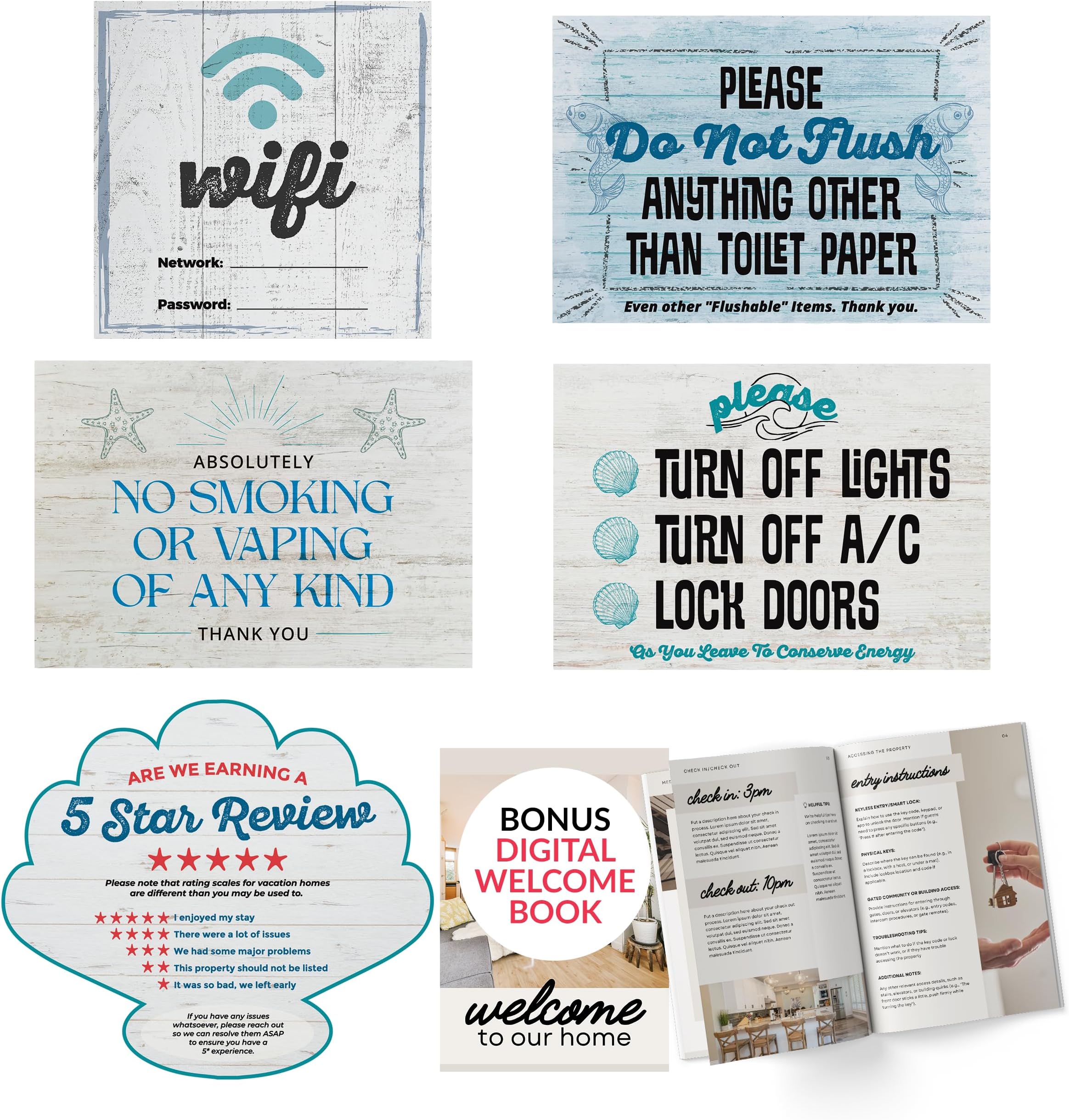 5 Essential AirBnB Signs For Hosts | Wifi Password Sign For Home Guests, No Smoking, Do Not Flush For Bathroom Toilet, Turn Off Lights & AC, Air Bnb Vacation Rental Review Request Fridge Magnet