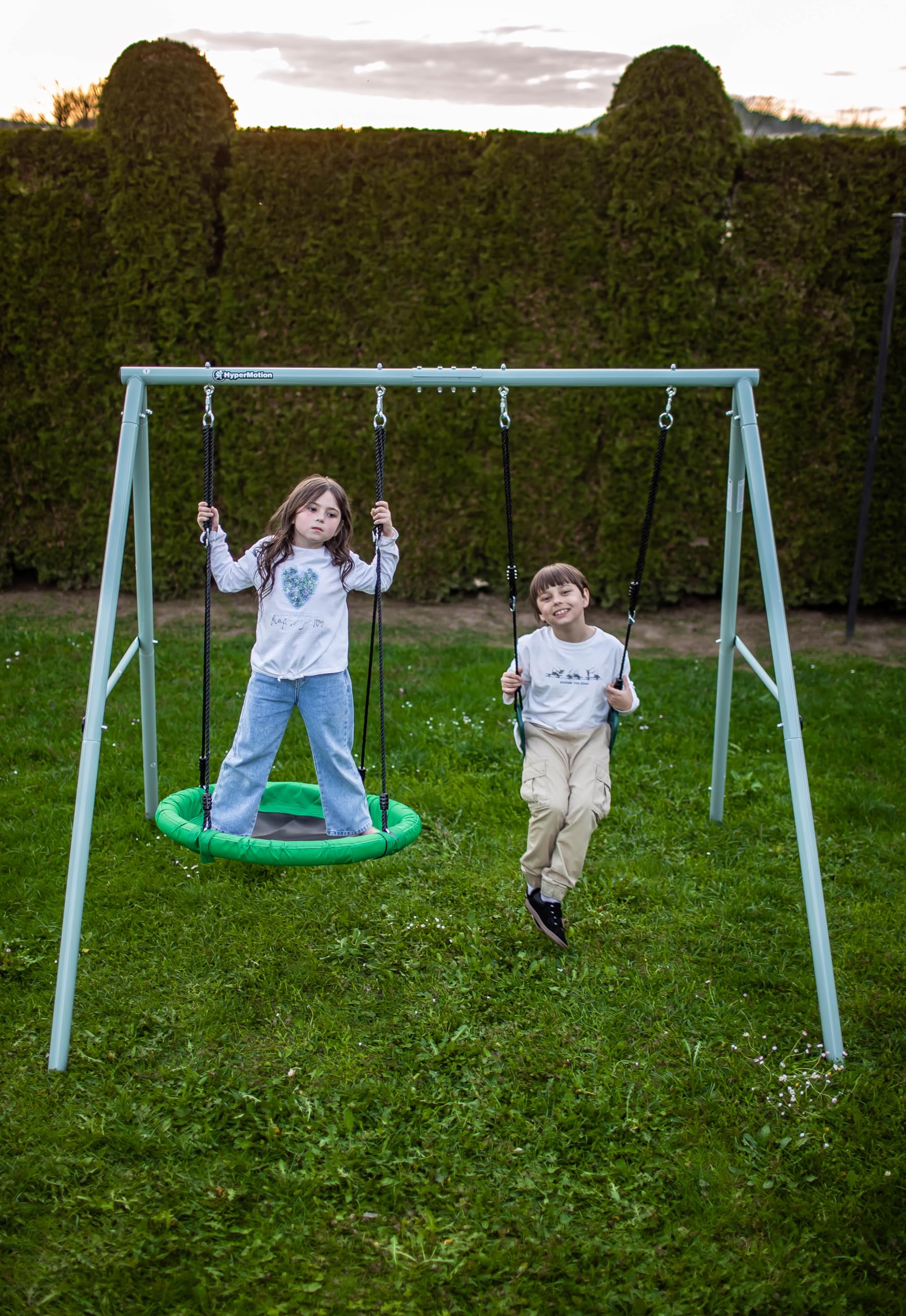 HyperMotion Columpio Infantil Doble para Jardín Exterior - Asiento y Nido de Cigüeña Ajustable con Estructura en A - para 2-3 Niños, Carga 200kg, Resistente UV