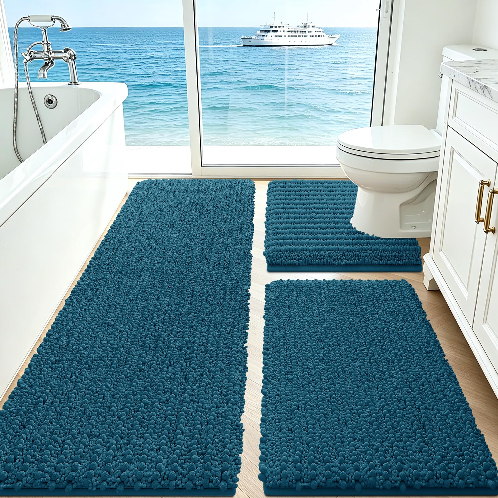 ACCUMTEK Upgrade Extra Large Teal Blue Bathroom Rug Set 3 Pieces Ultra Soft, Thick Absorbent Bath Mats, Non Slip Chenille Toilet Mat for Bathroom, Bedroom, Kitchen