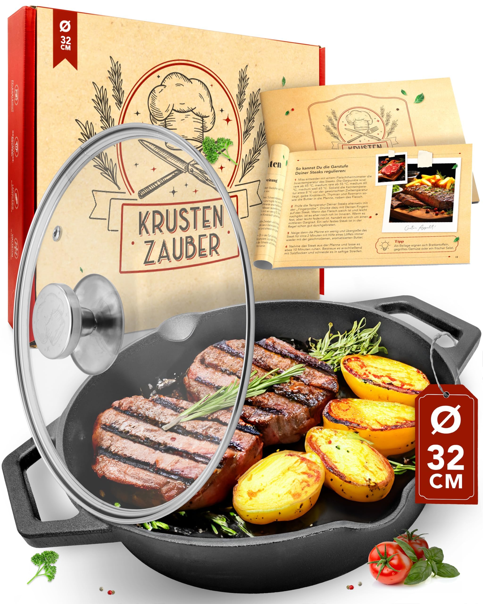 KRUSTENZAUBER 32cm Gusseisenpfanne Induktion - Voreingebrannte Gusseisen Pfanne - Ideale Grillpfanne Induktion, Eisenpfanne, Cast Iron Pan, Bratpfanne, Gusseiserne Pfanne Skillet Gusspfanne