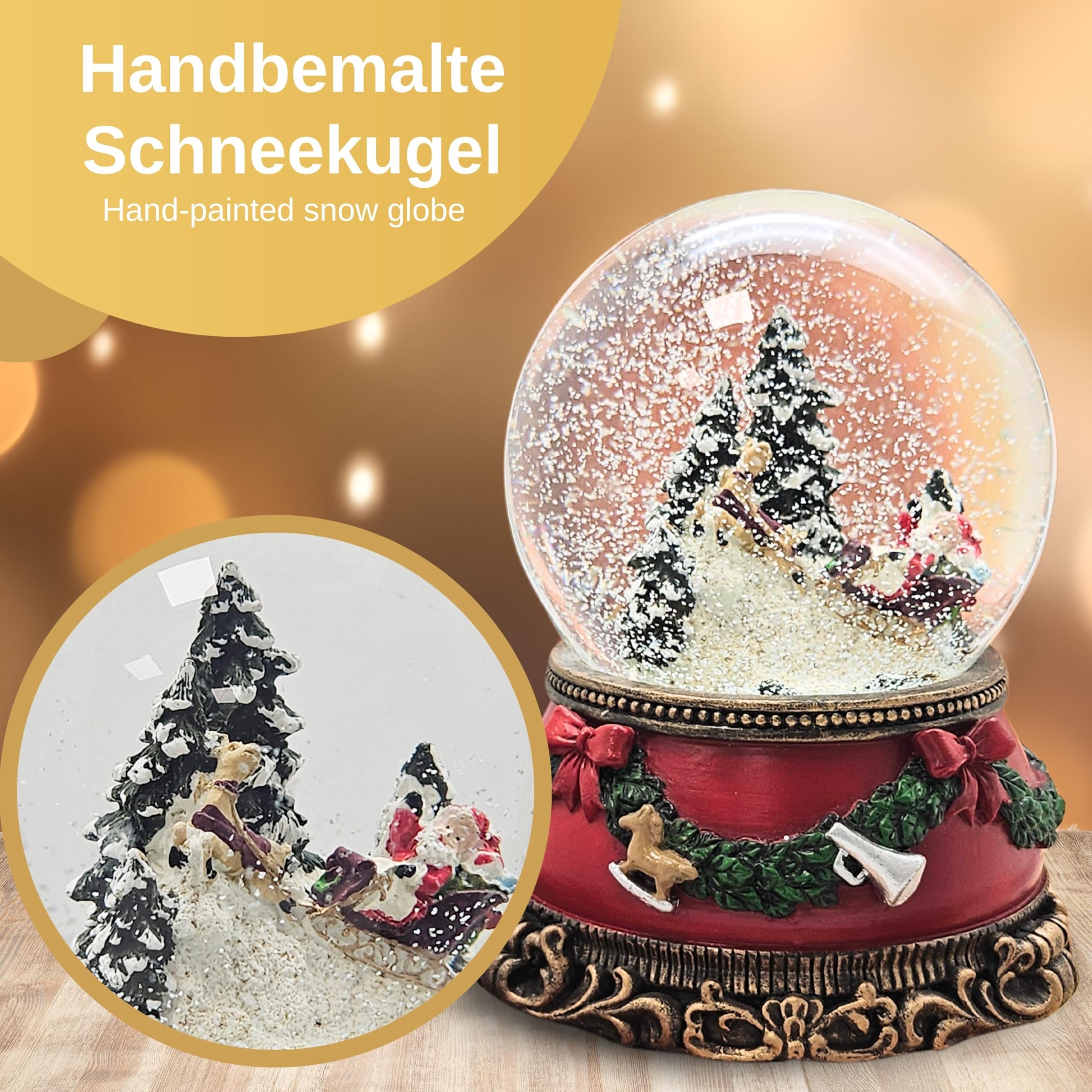 Schneekugel Weihnachten Spieluhr | Santa im Schlitten | Sockel Weihnachten rot Tannengirlande | mit Musik | Schüttelkugel Weihnachtsdekoration | B: 10 cm H: 14 cm | 20276