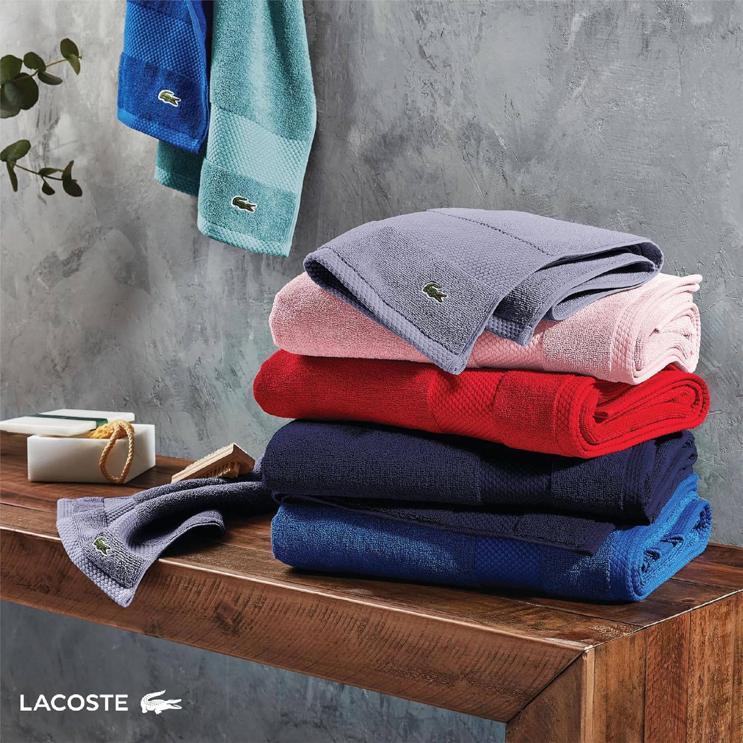 Lacoste Heritage Anti-Microbial Supima Cotton 6-Piece Towel Set, 2 Bath Towels, 2 Hand Towels, 2 Washcloths, Aloe – Highly Absorbent & Quick Drying, Bathroom Essential, Machine Washable