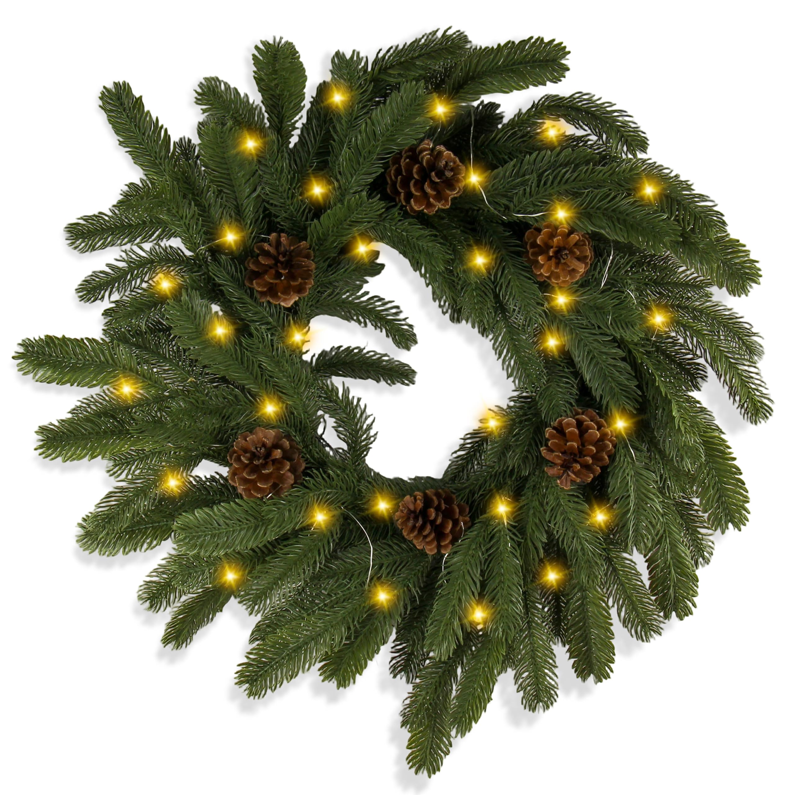 GOVIRAYE 60 cm (24 Inch) Pre-Lit Christmas Wreath for Front Door, Artificial Pine Wreath with 30 Warm White LED Lights & Natural Pinecones, Battery Operated Indoor Outdoor Holiday Decoration