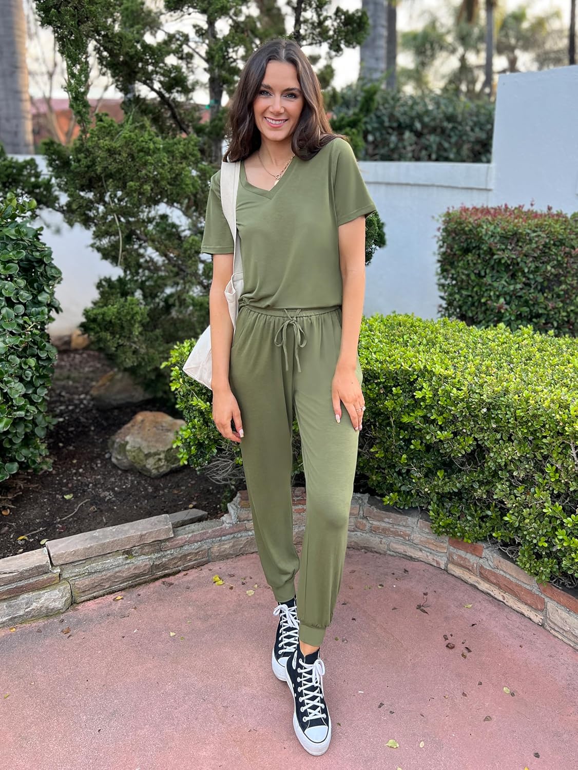 MASCOMODA Womens 2 Piece Outfits Summer Casual V Neck Short Sleeve Tops Long Pants Tracksuit Lounge Jogger Set with Pockets - Image 6