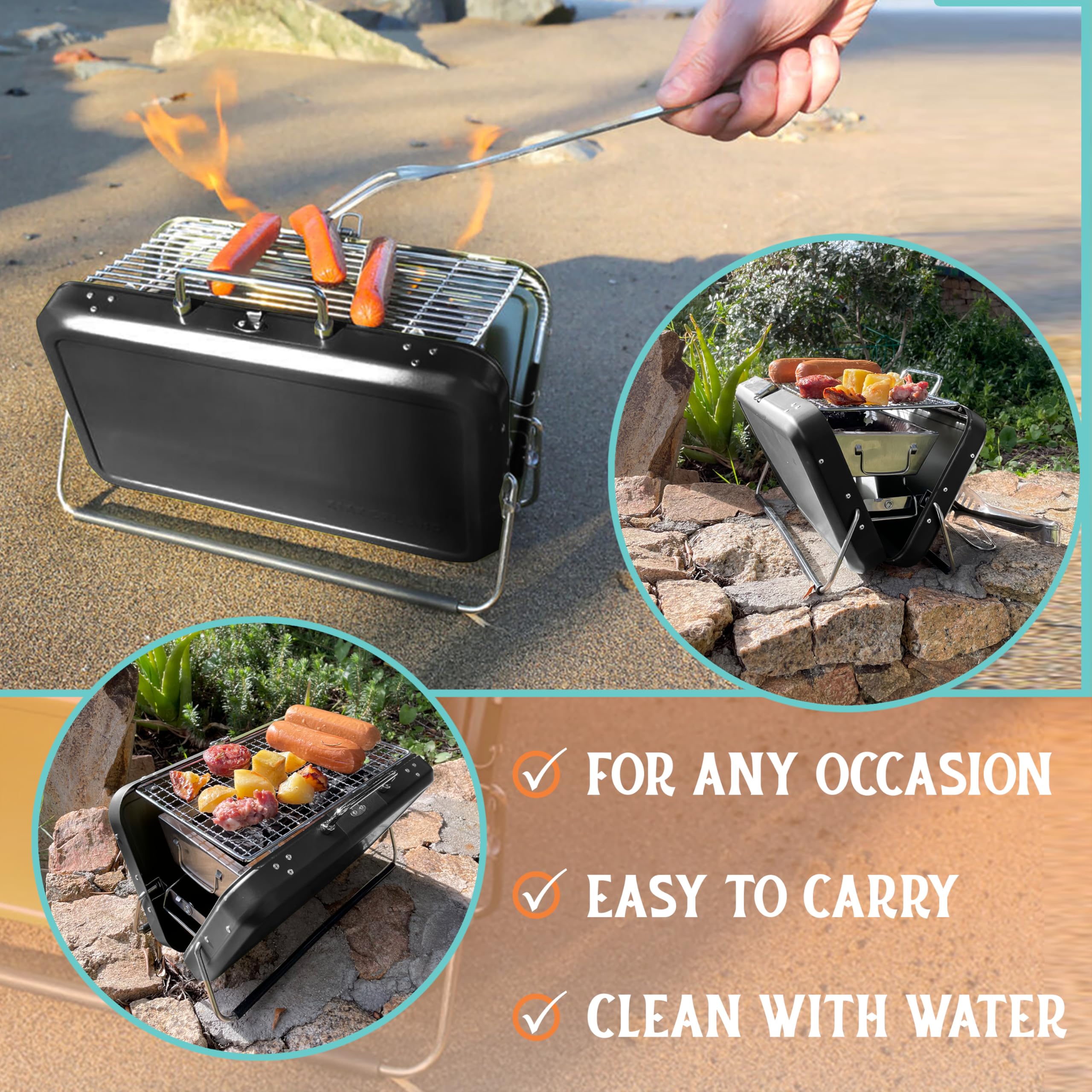 Portable BBQ Charcoal Grill, Folding Stainless Steel Mini Grill for Camping, Hiking, Outdoor Cooking, Small Tabletop Picnics, Backyard, Tailgating, Compact Travel BBQ Carry Bag (Black)