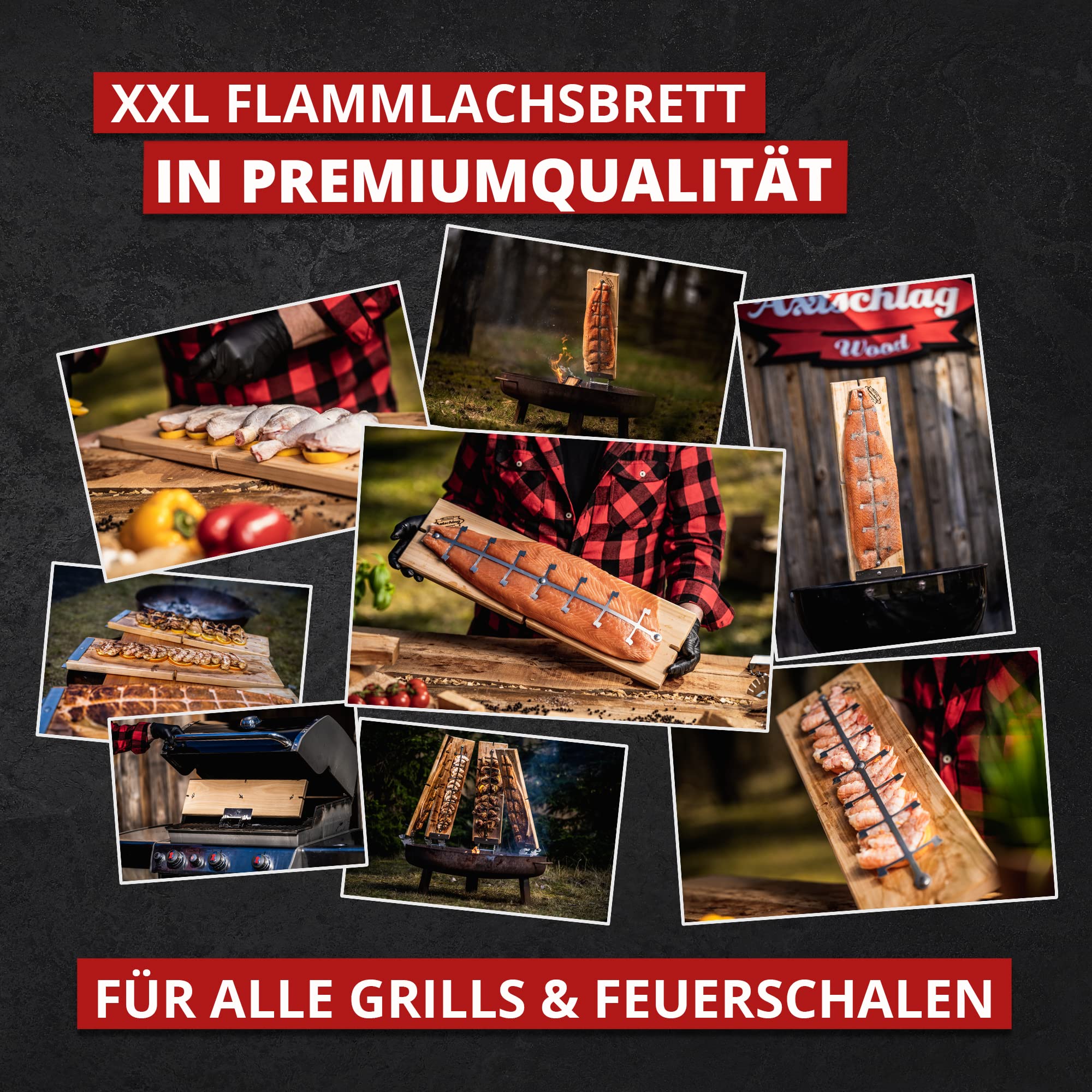 Axtschlag Flammlachsbrett Premium Line Kirsche extra groß, 10-Fach verstellbare Halterung aus Edelstahl, Garen von 4 Seiten für Grill, Feuerschale, Feuertonne, Feuerkorb & Smoker