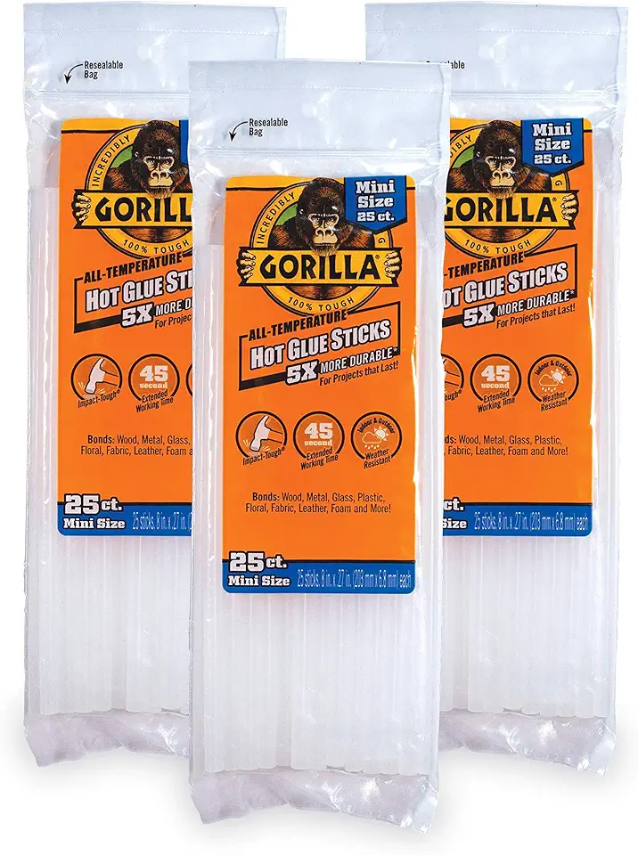 Gorilla Hot Glue Sticks, Mini Size, 8" Long x .27" Diameter, 25 Count, Clear, (Pack of 3)