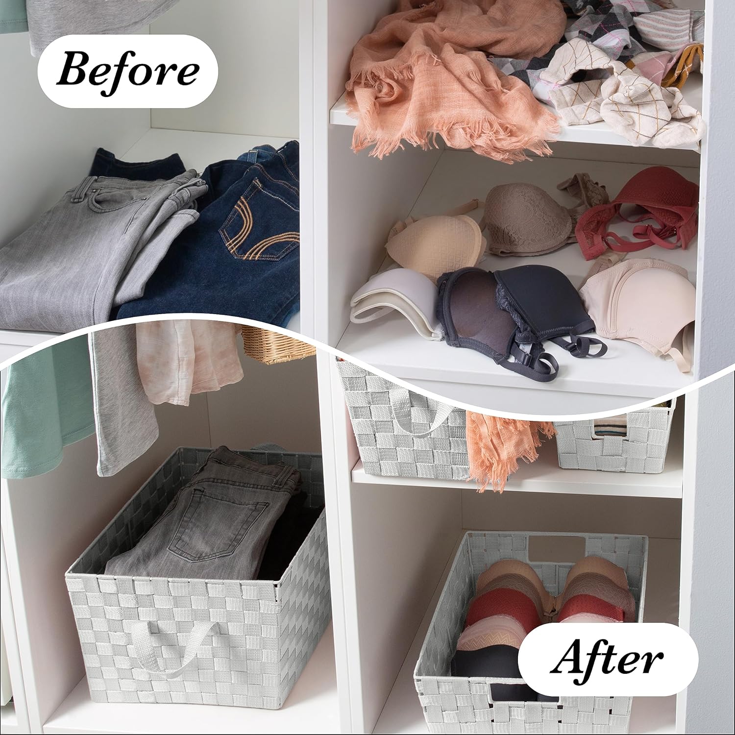 Simplify Large Woven Strap Tote | Decorative Storage Basket | 2 Handles | Organization | Closet | Bedroom | Bathroom | Nursery | Accessories | Toys | Gifts | 2 Pack | White