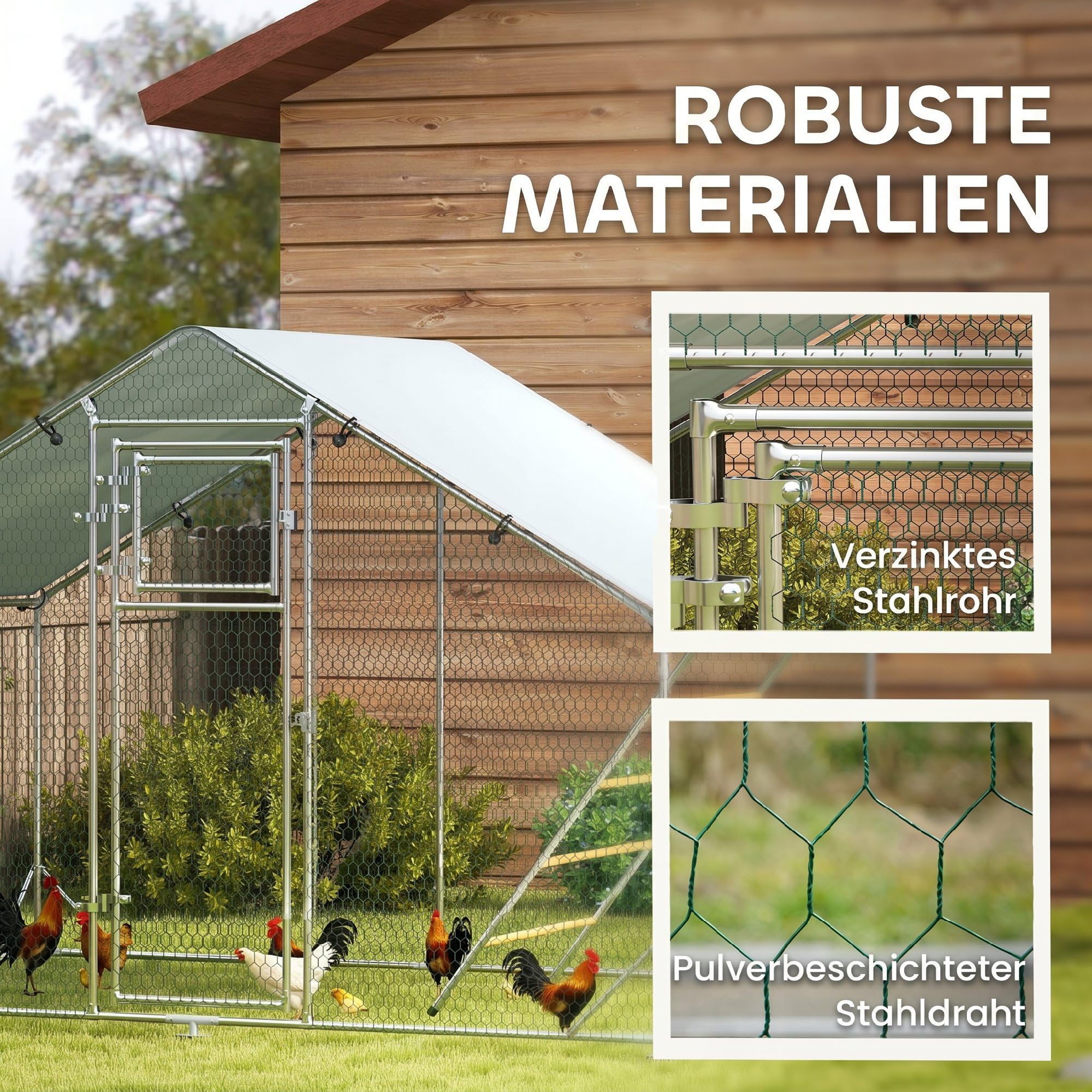 PawHut Hühnerstall 3x2x2 m Freilaufgehege Hühnergehege 6-8 Hühner Silber | Freigehege aus Verzinktem Stahl, UV-beständiger Dachabdeckung, Futtertür, Hängefütterung, Sitzstange, Kleintiere