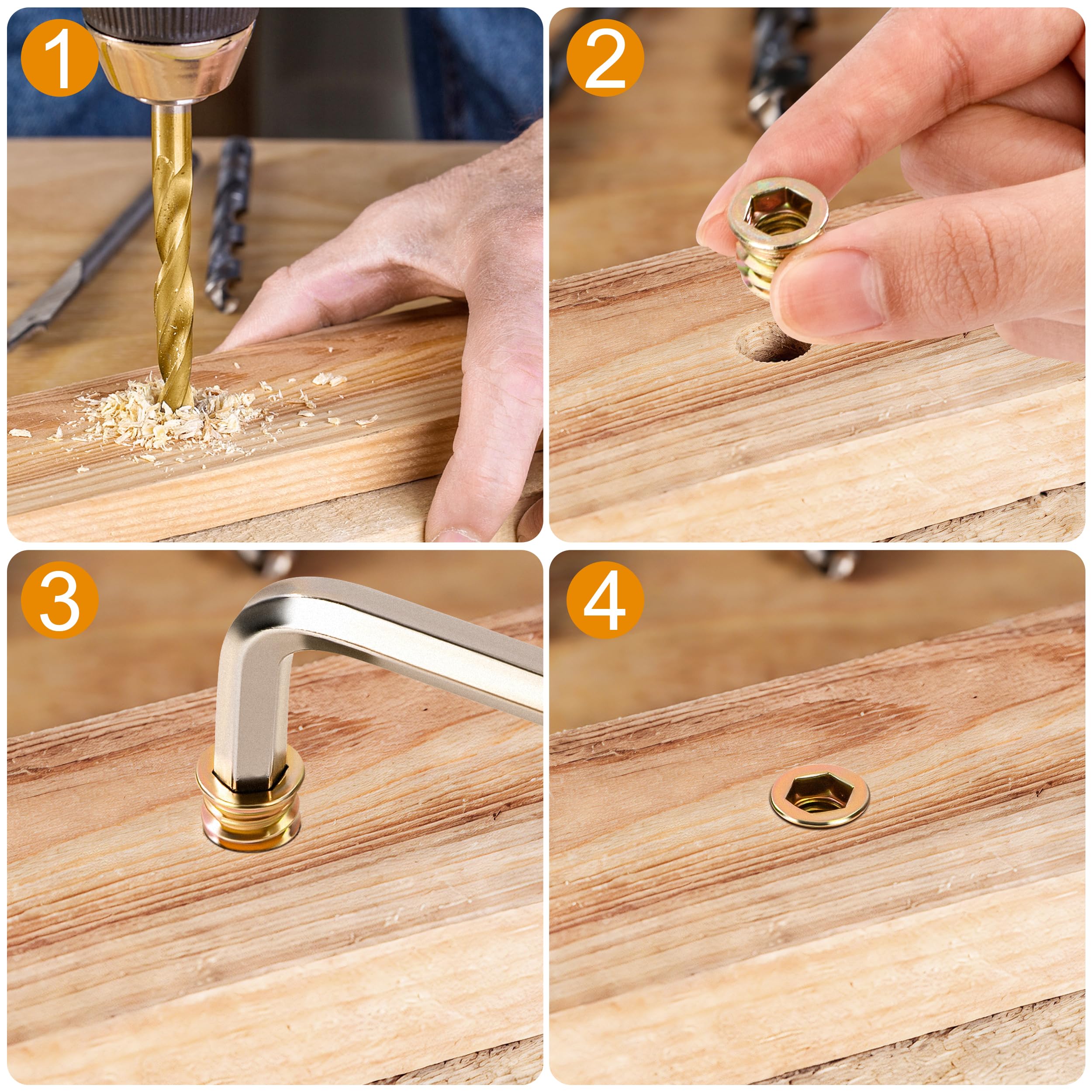 Boccole Filettate per Legno M4 20 Pezzi Inserti Filettati in Acciaio Zincato M4x10mm Rivetti Filettati con Chiave Esagonale per Mobili in Legno