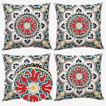 Volans 18" x 18" Outdoor Throw Pillows with Inserts Pack of 4, Waterproof Square Toss Pillows for Backyard, Bed, Couch, and Patio Furniture, Colorful Mandala