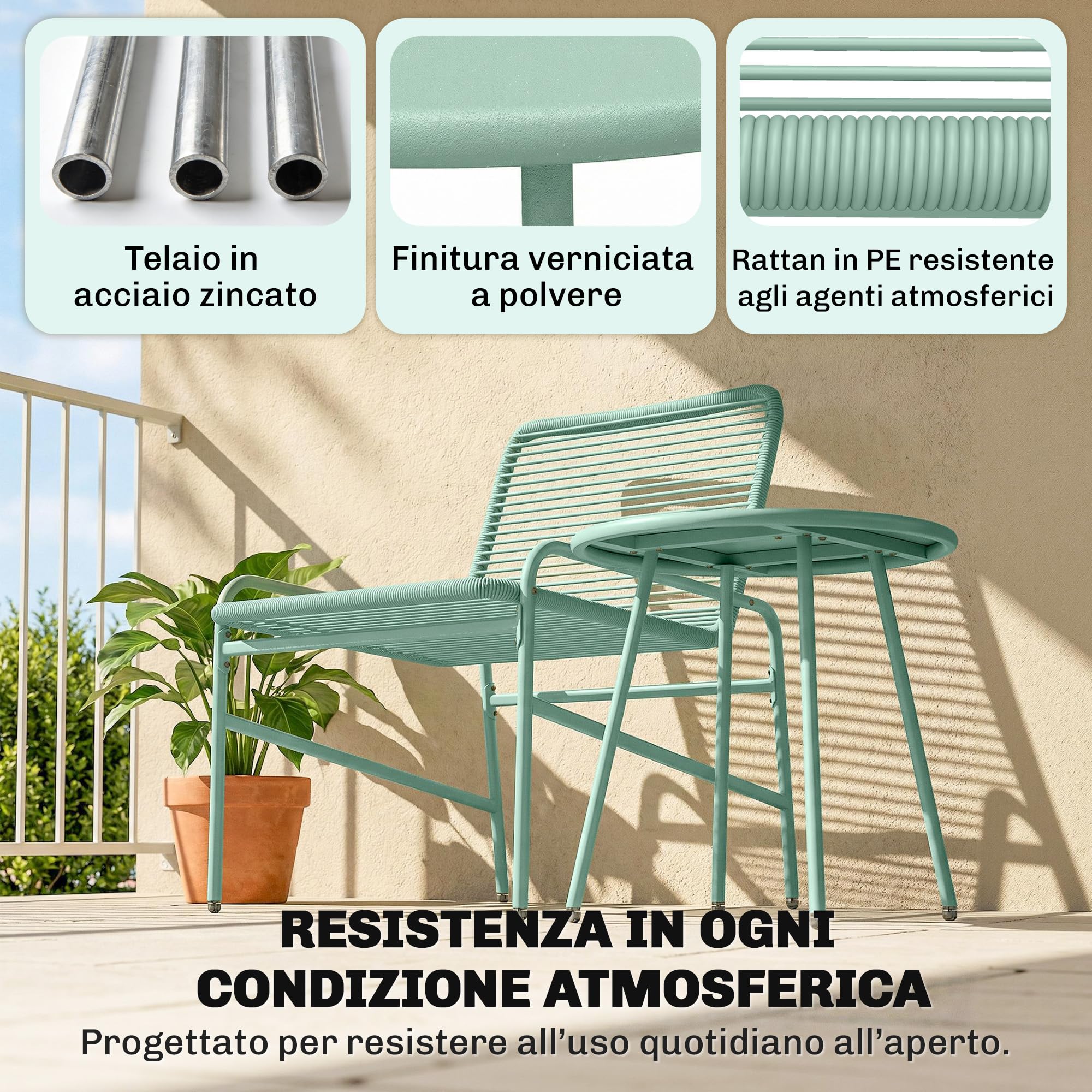 Outsunny Set da Bistrò in Rattan da 3 Pezzi, Set da Giardino con 2 Sedie, Tavolo Rotondo con Piano Metallo, Set di Mobili da Giardino Struttura in Acciaio Zincato, per Patio Balcone Terrazzo, Verde