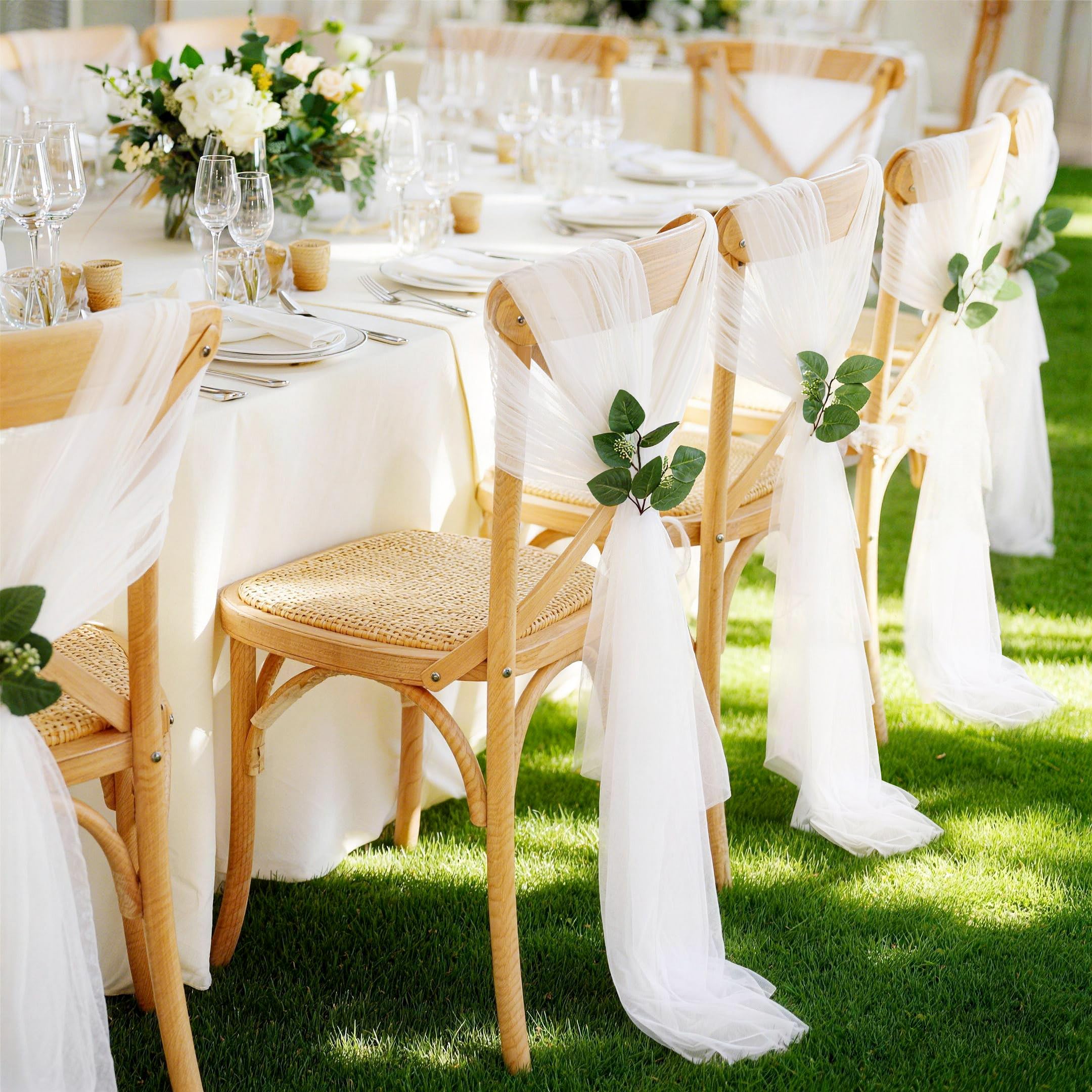 16 Stück Stuhlhussen Hochzeit Weiß 26x240cm – Chiffon Stoff Stuhlschleifen Stuhldeko Tüll Stuhlschärpen Kirche Bankreihe Hochzeit Party