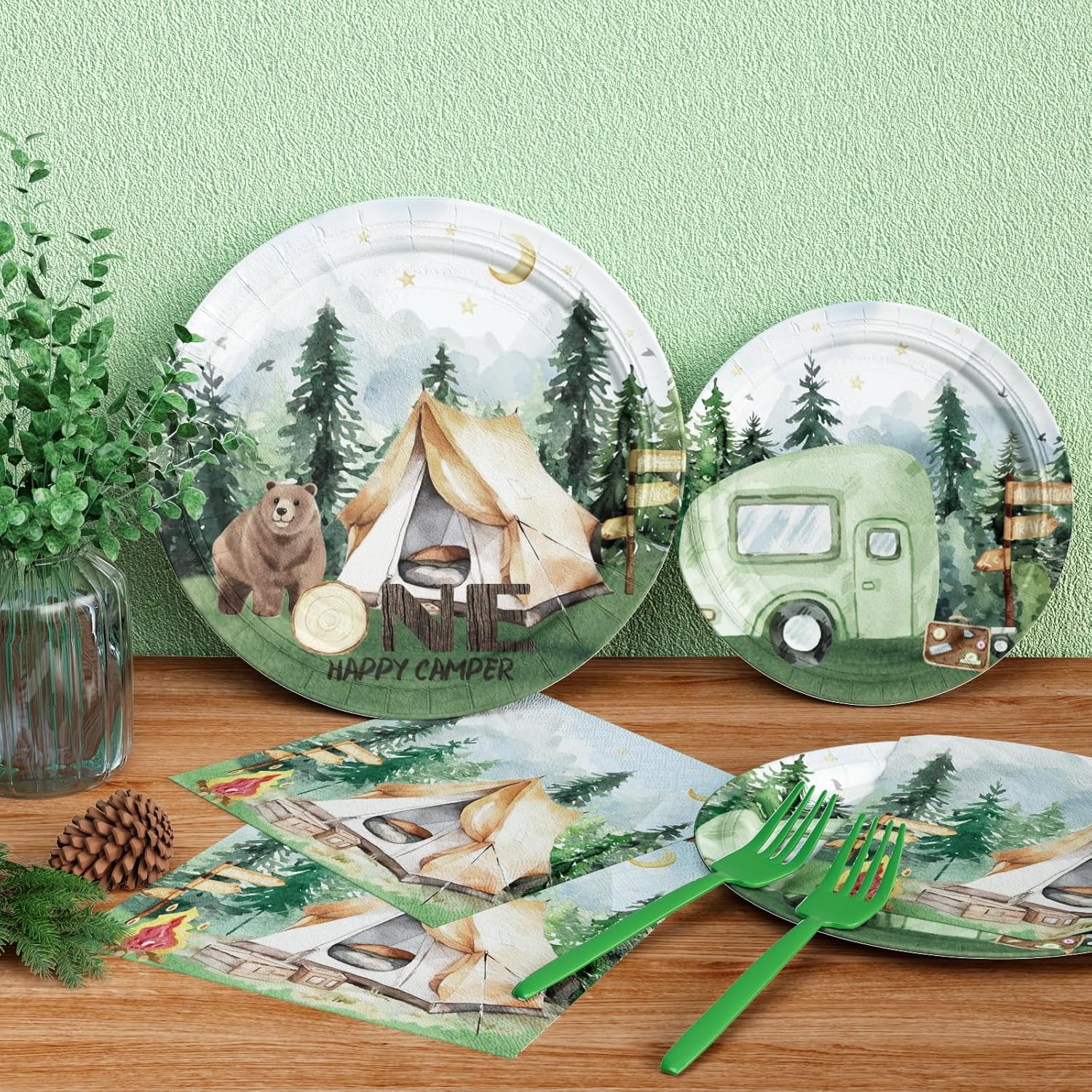 Hombae One Happy Camper 1st Birthday Camp Themed Decorations - Banner, Balloons, Tablecloth, Cake Topper, Plates, Napkins, Forks