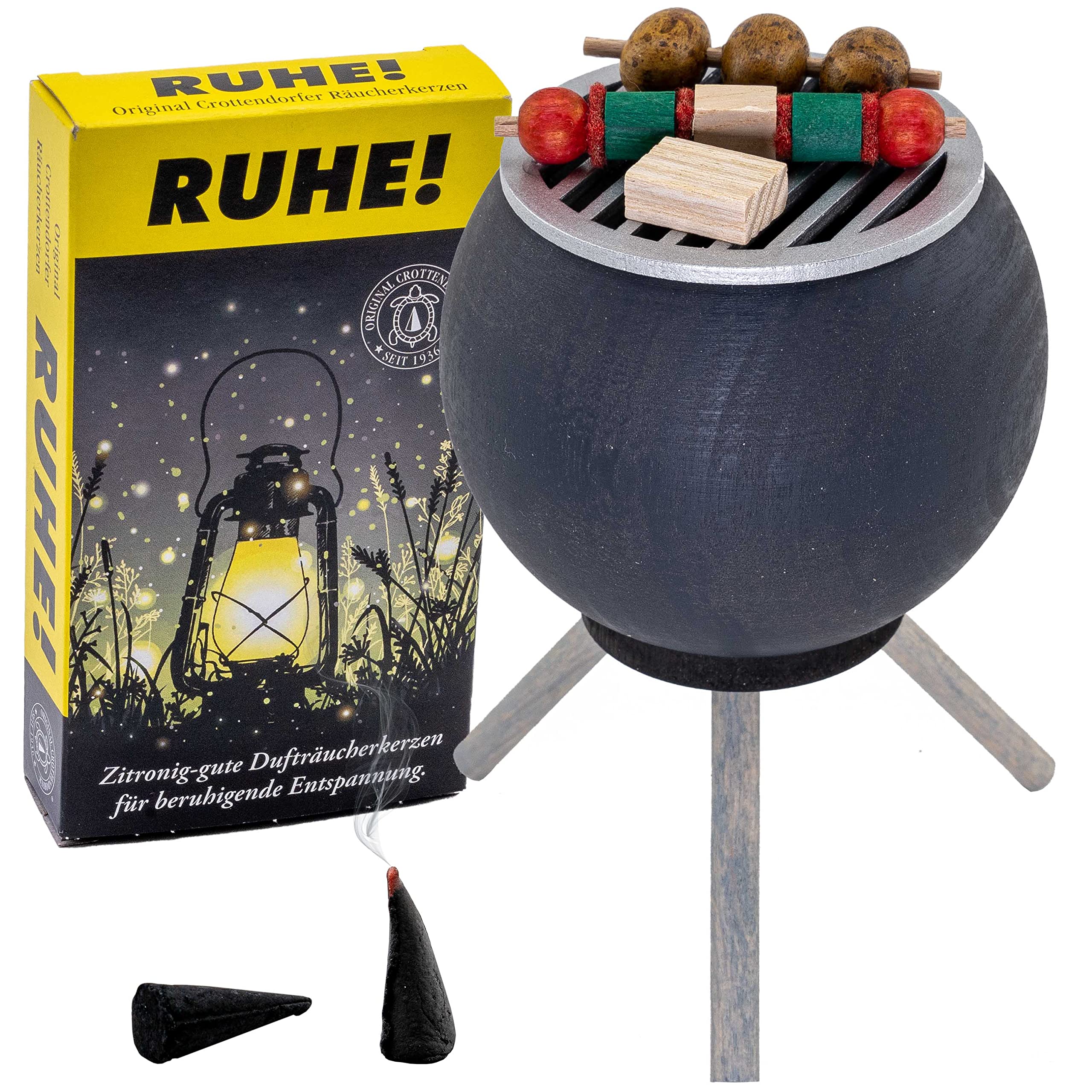 Seiffener Volkskunst | Räucherofen Grillofen | Räucherfigur 10 cm | Grill + Räucherkerzen Ruhe | Räuchergrill Veggie | 26305 | anthrazit