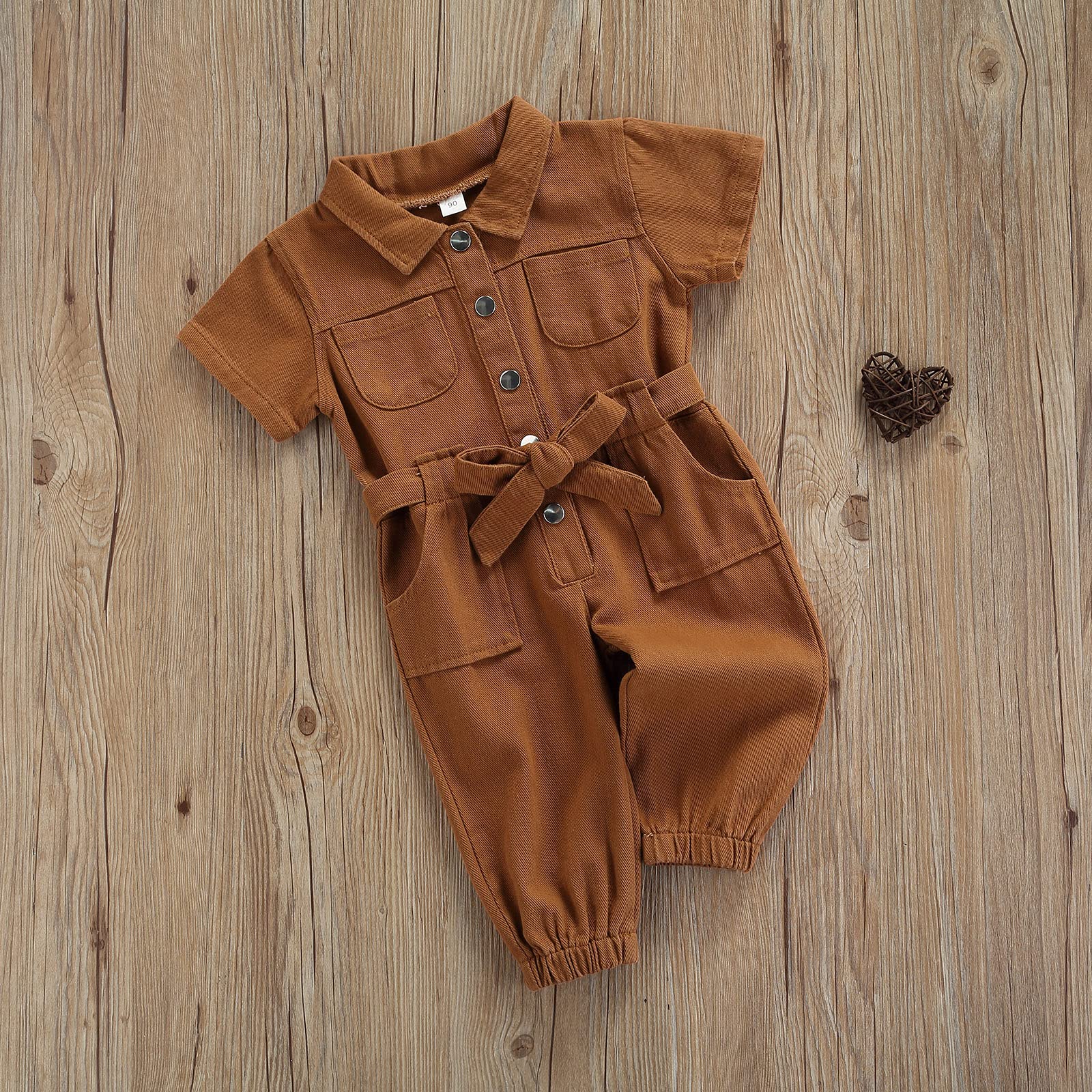 Douhoow Toddler Kids Baby Girl Outfits Short Sleeve Romper Overalls Solid Color Lapel Pocket Jumpsuit CasualClothes (Brown, 2-3T)