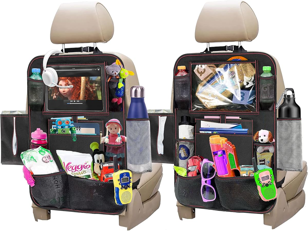 Organizador del asiento trasero del automóvil Econour (paquete de 2) | Tela Oxford 600D con 9 bolsillos de almacenamiento y soporte para tableta con pantalla táctil | Alfombrillas impermeables y de ajuste universal | Protectores de asiento duraderos y ecológicos (gris)