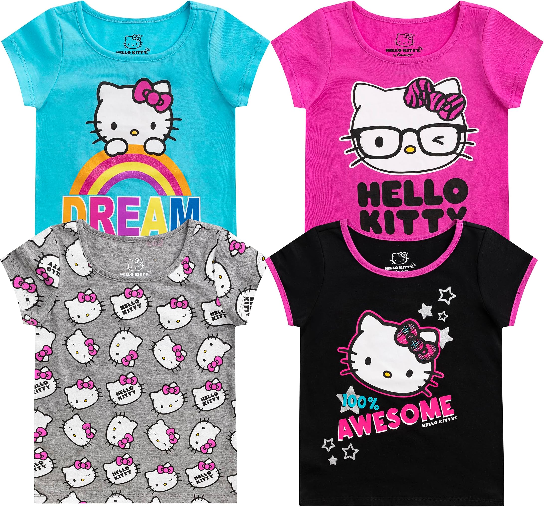 Girls’ 4 Pack T-Shirt for Toddler, Little and Big Kids – Pink/Blue/Grey/Black