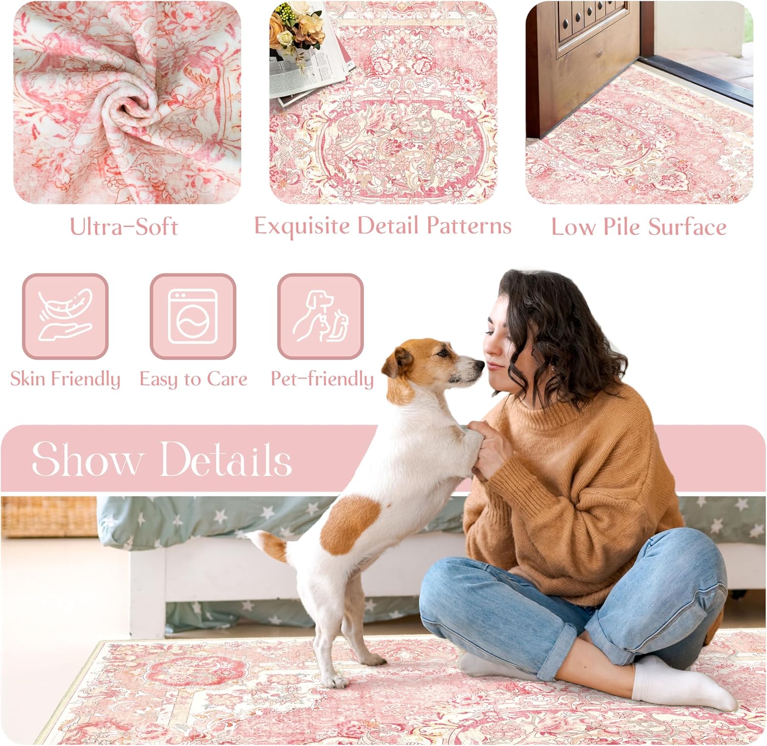 Boho Washable Area Rug 5x7, Vintage Floral Low Pile Non Slip Rug for Living Room Bedroom, Farmhouse Decorative Carpet,Blush Pink