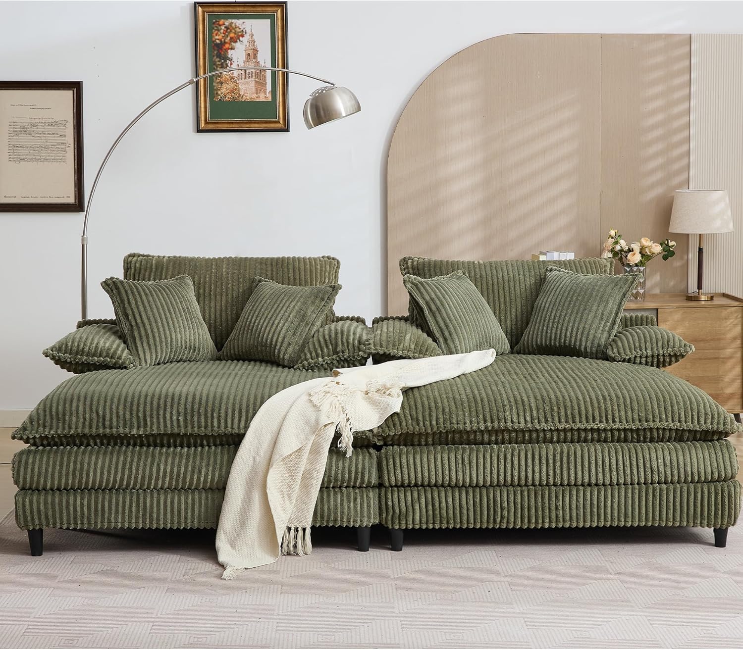 109" Oversized Double Chaise Lounge Sectional Plush Sleeper Sofabed , Fluffy Corduroy Upholstered Modular Loveseat Recliner Daybed with Detachable Armrest and Adjustable Backrest for Living Room