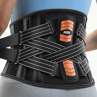 FEATOL Back Brace for Lower Back Pain Women Men, Removable Dual-Side Spine Lumbar Pad with Snug Fit, Adjustable Support Belt for Work, Orange, Size XL 39-45"