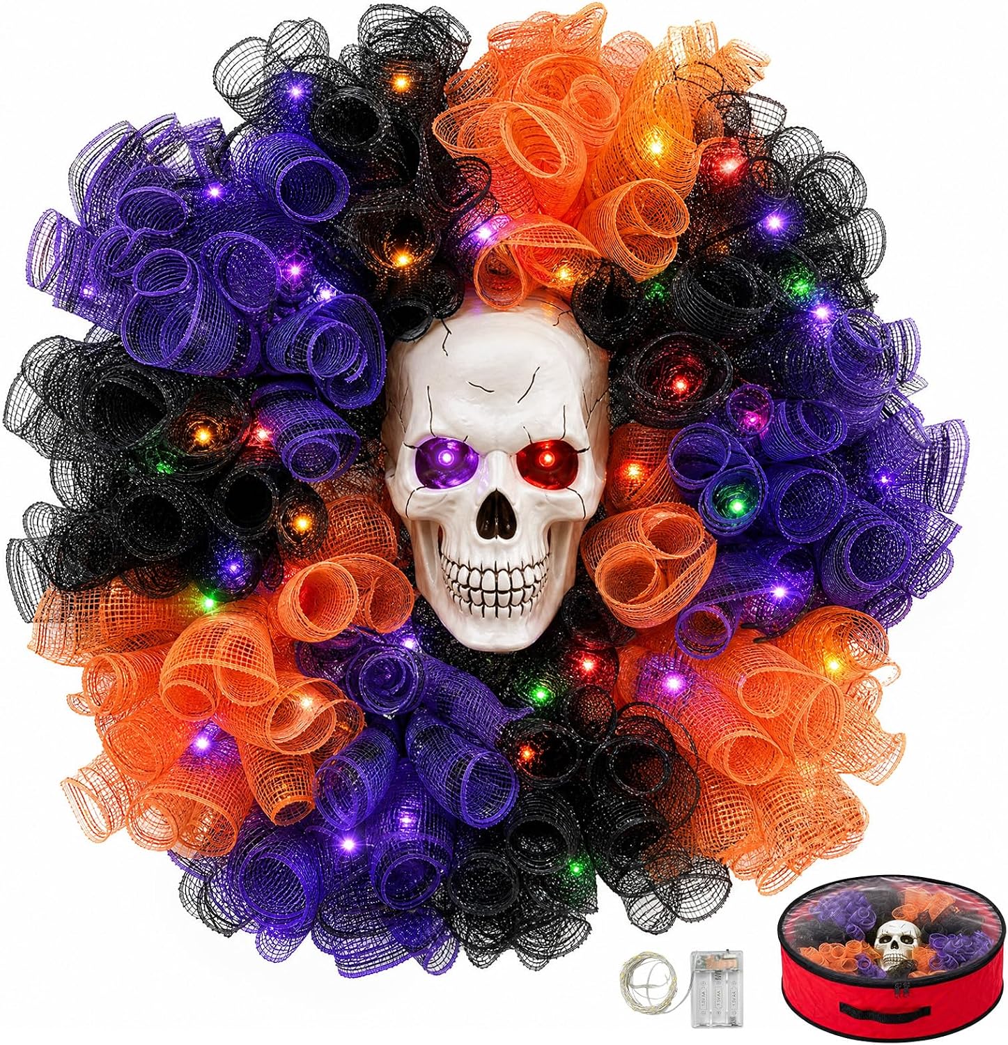 24 in Halloween Wreath with Skull and Color-Changing Lights | Halloween Decorations Outdoor with Storage Bag, 7 Modes, Spooky Wreath for Front Door, Window, Wall