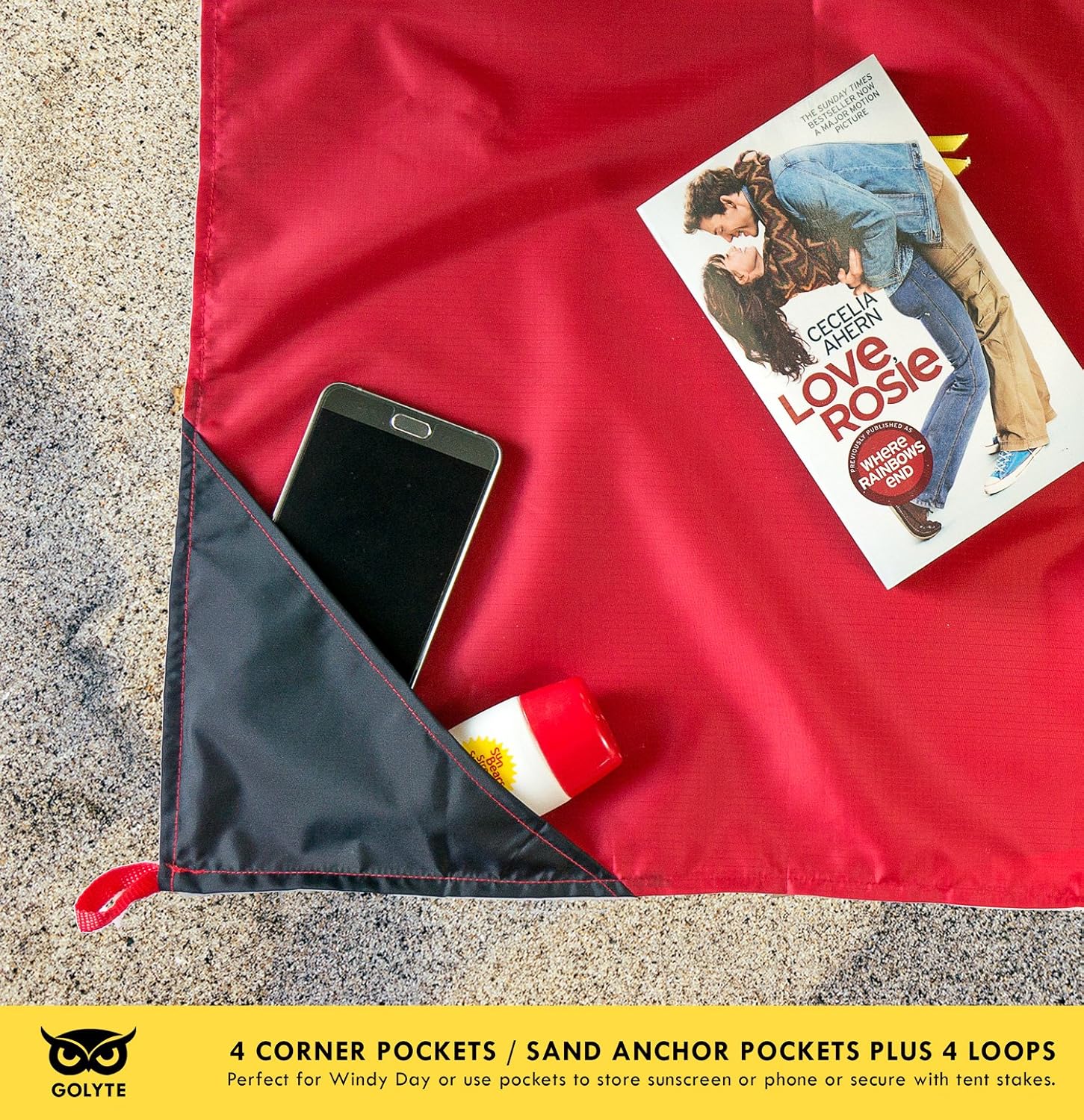 Golyte Beach Blanket Picnic Blanket Mat Portable Easy Fold Extra Large Compact Lightweight Sand Free Proof Waterproof with 4 Corner Loops Sand Pockets Machine Washable Red Image