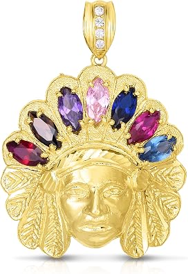 Floreo 10k Yellow Gold Multi Color Gemstone and CZ Native American Indian Tribal Chief Head Pendant