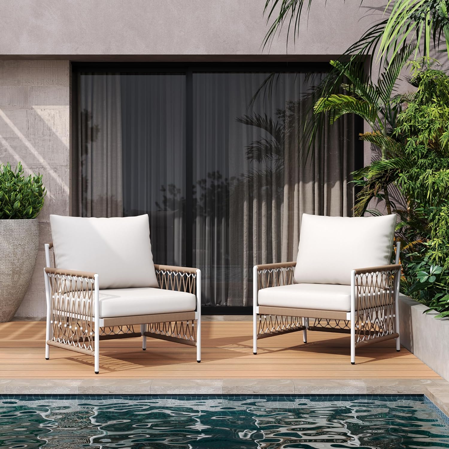 Christopher Knight Home Evelyn Set of 2 Lounge Chair Outdoor with Handwoven Rope, Powder-Coated Steel Frame Garden Chair Set, Patio Seating with Waterproof Cushions for Garden Balcony, Beige + Natural