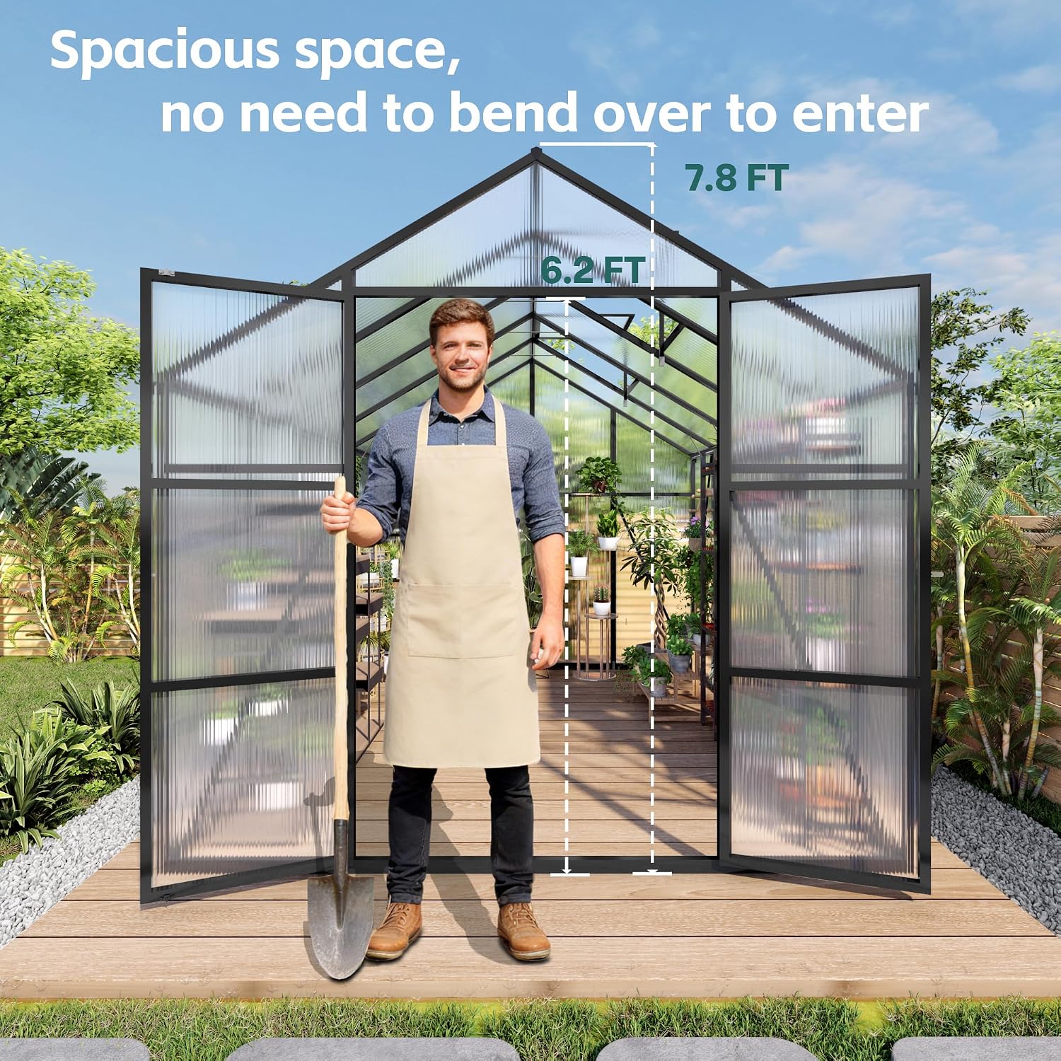 Greenhouse for Outdoors 8x12x7.8 FT, Polycarbonate Greenhouse with Stronger Wind Protection and Roof Vent, Walk-in Large Aluminum Sunroom Winter Proof, Black