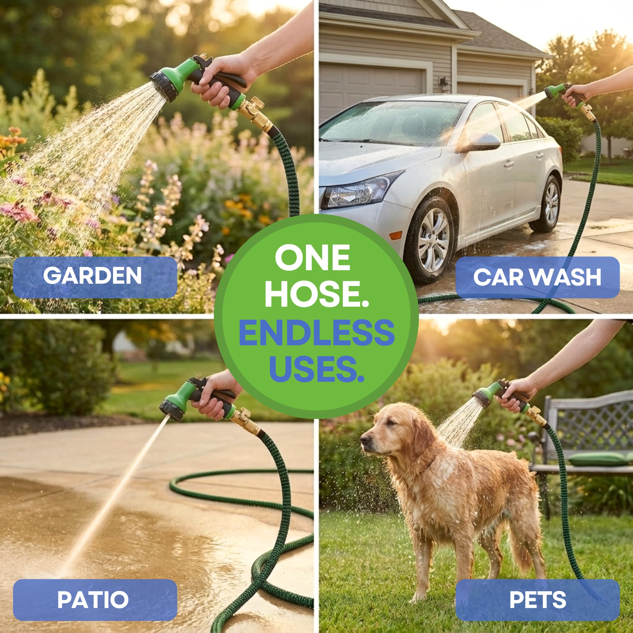 J&B XpandaHose - Manguera de jardín expandible de 50 pies con soporte, resistencia superior 3750D, núcleo de látex de 4 capas, conectores de latón extra fuertes y 10 boquillas de pulverización con