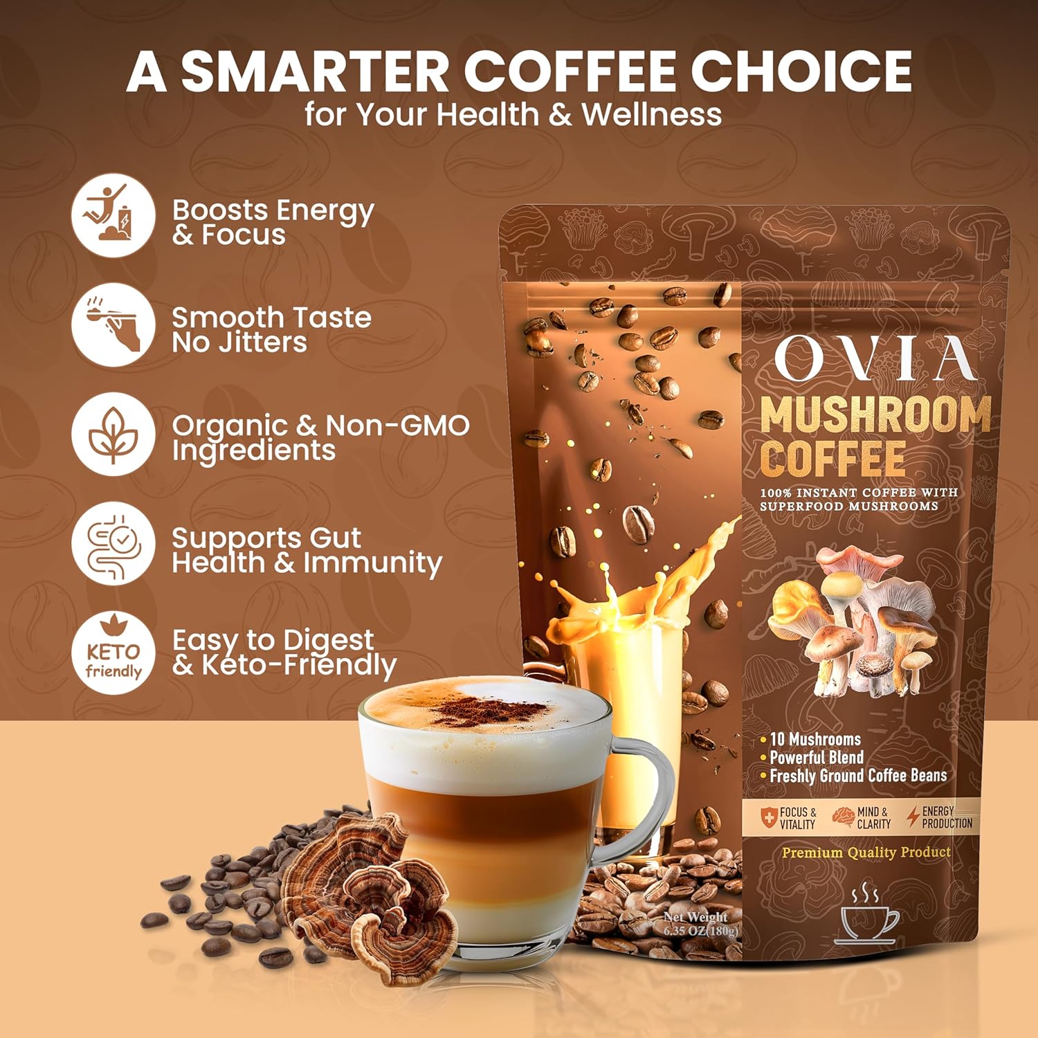 OVIA 10 Mushroom Coffee with 3500mg for Weight Management, Focus & Gut Health - Daily Dose Ten Mushroom Coffee for Clean Energy - Low Caffeine Adaptogenic Instant Coffee with Lion’s Mane,Chaga