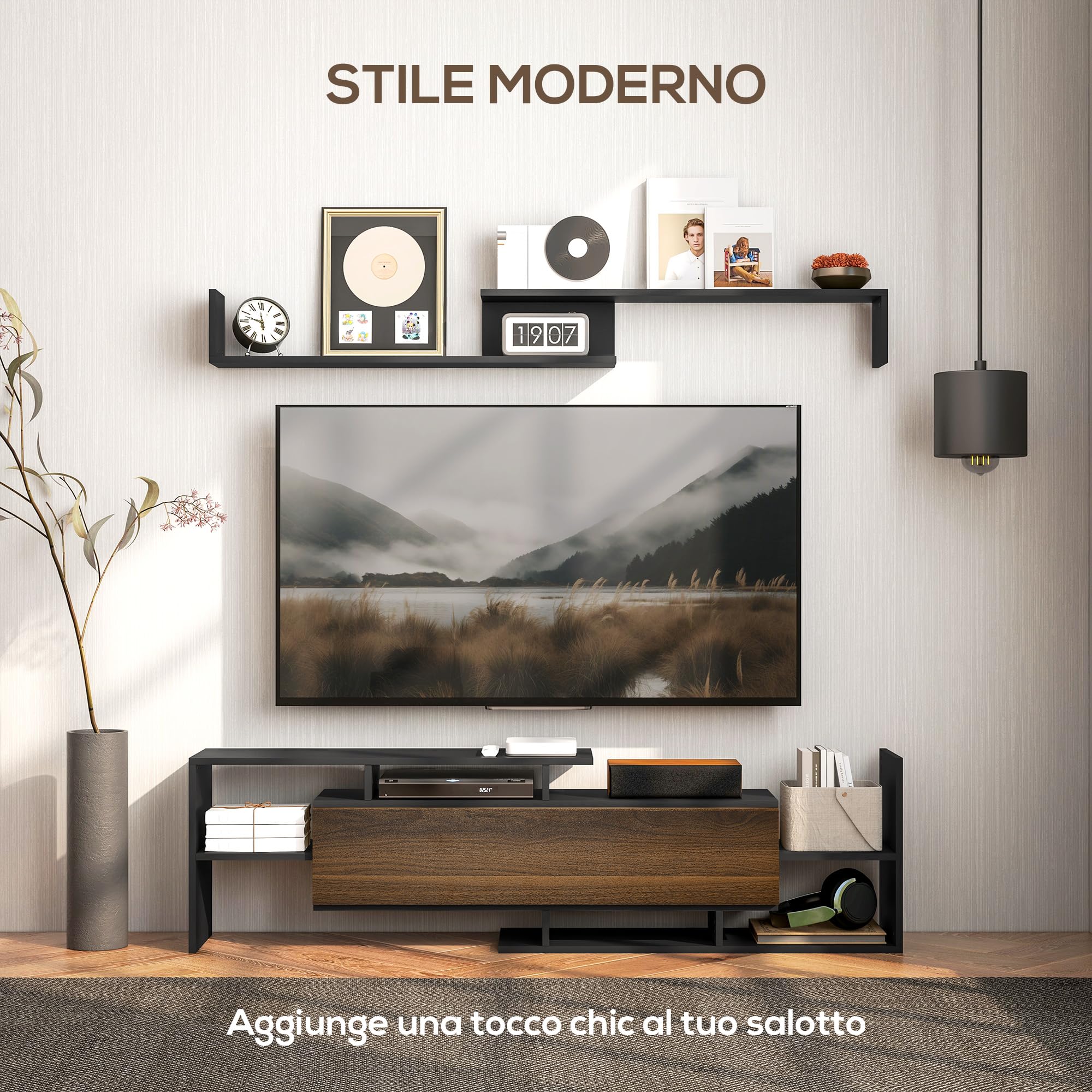 HOMCOM Mobile TV con Mensola a Muro, Ripiani Aperti e Armadietto in Legno, Mobile TV Moderno per Soggiorno e Camera da Letto, Nero e Marrone