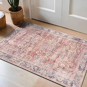 Rugshop Vintage Bordered Machine Washable Non Slip Area Rug Ideal for Living Room, Bedroom,Kitchen,Entryway,Dining Room,Office 2' x 3' Red