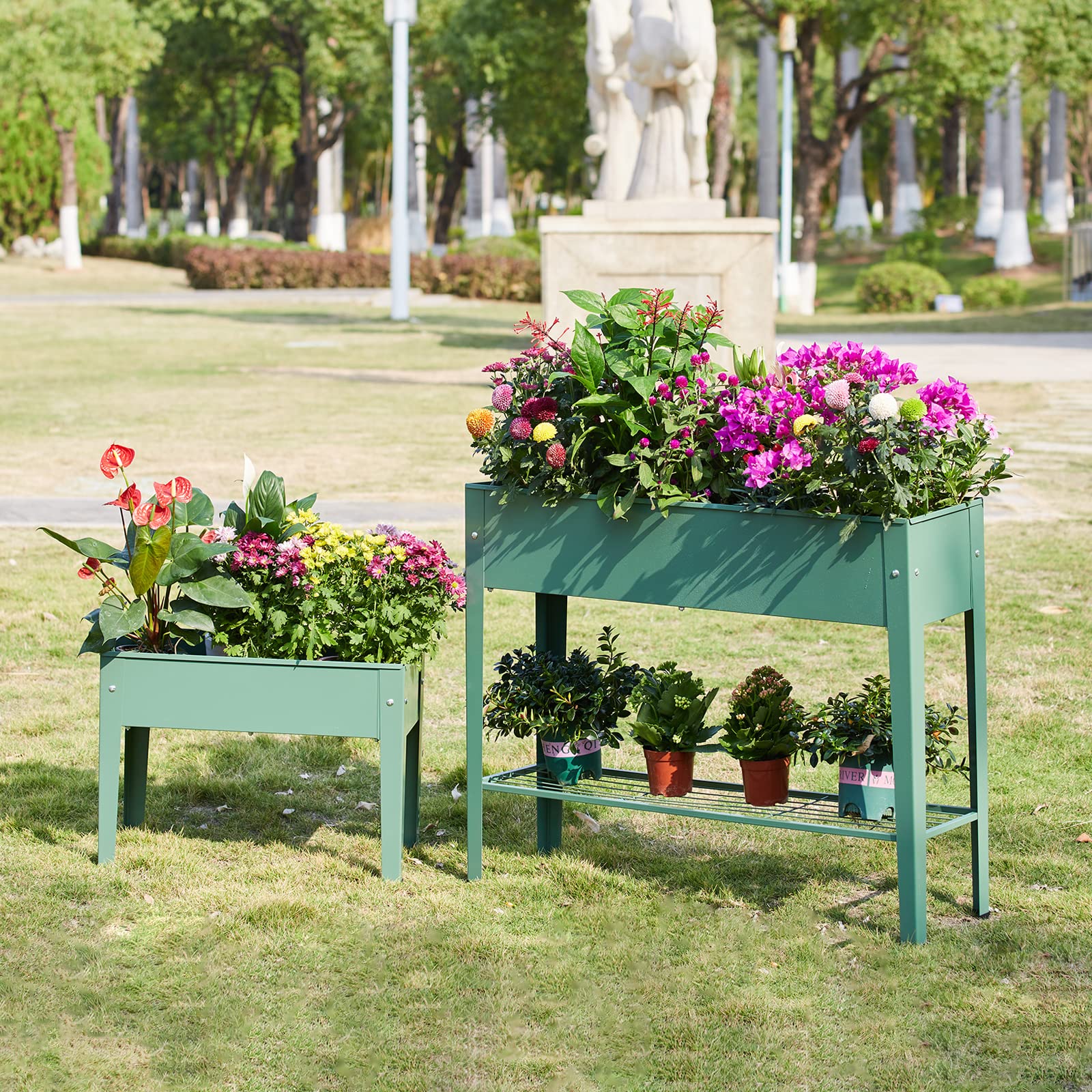 Piksedo Raised Garden Bed, Elevated Planter Green Metal Plant Box with Legs Standing Garden Stand Drainage Holes Green(Green 24" L x 11" W x 18" H)