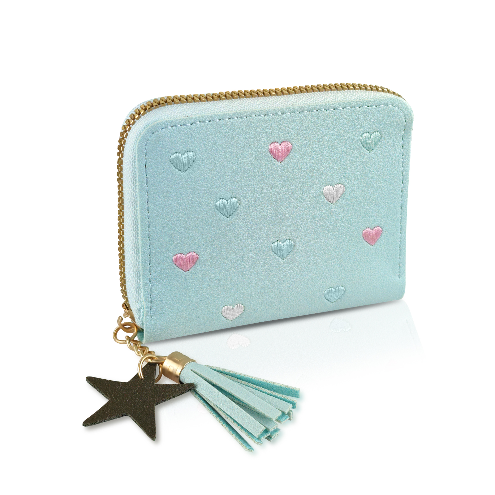 Women's PU Leather Wallet – Credit Card Holder With Heart Embroidery & Zipper, Star Pendant