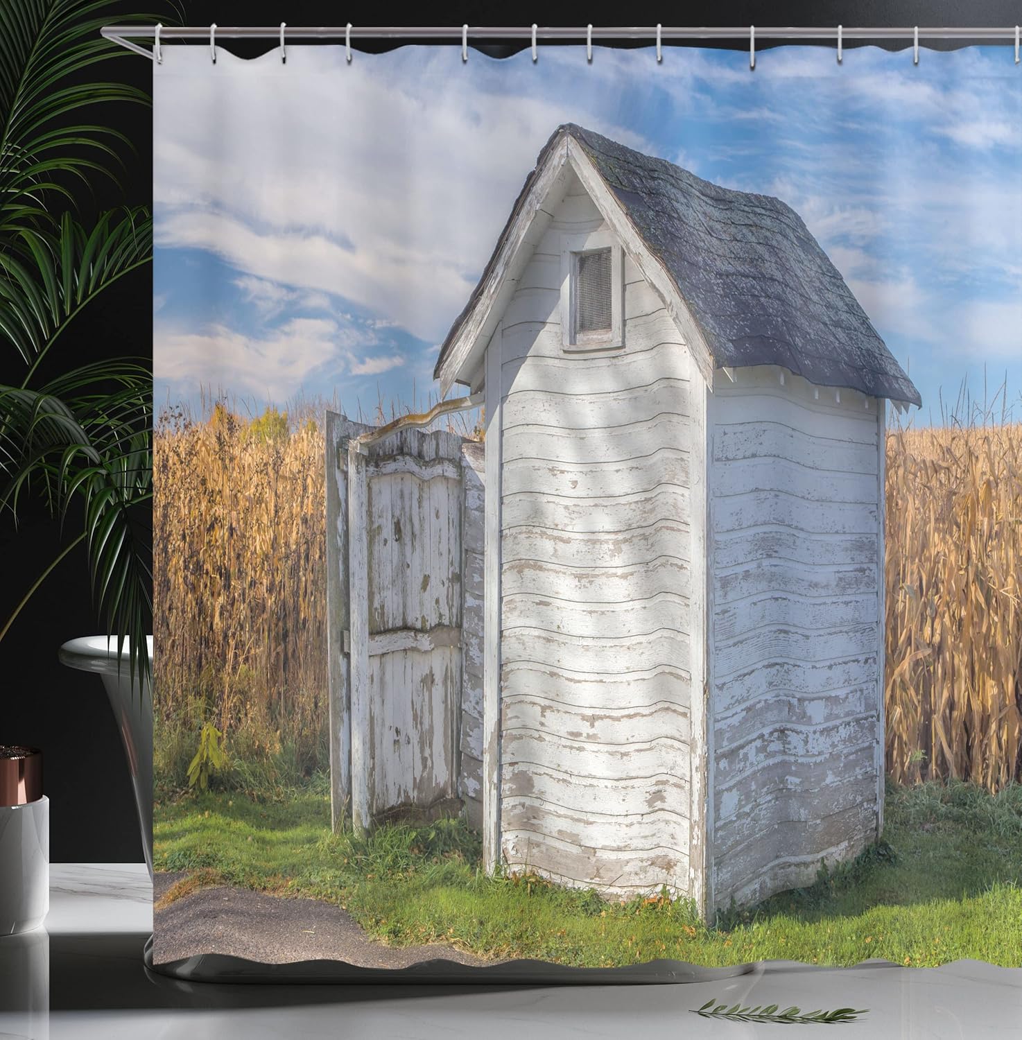 Ambesonne Outhouse Shower Curtain, Country Farm Life Cottage Wheat and Grass Under Sky Image, Cloth Fabric Bathroom Decor Set with Hooks, 69" W x 70" L, Marigold White
