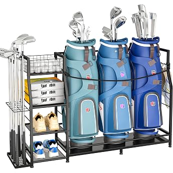 Golf Bag Stand for Golf Bag Accessories Golf Bag Storage Organizer Fits 3 Pockets for Garage Organisation Golf Organizer with Additional Storage Rack for Golf Clubs and