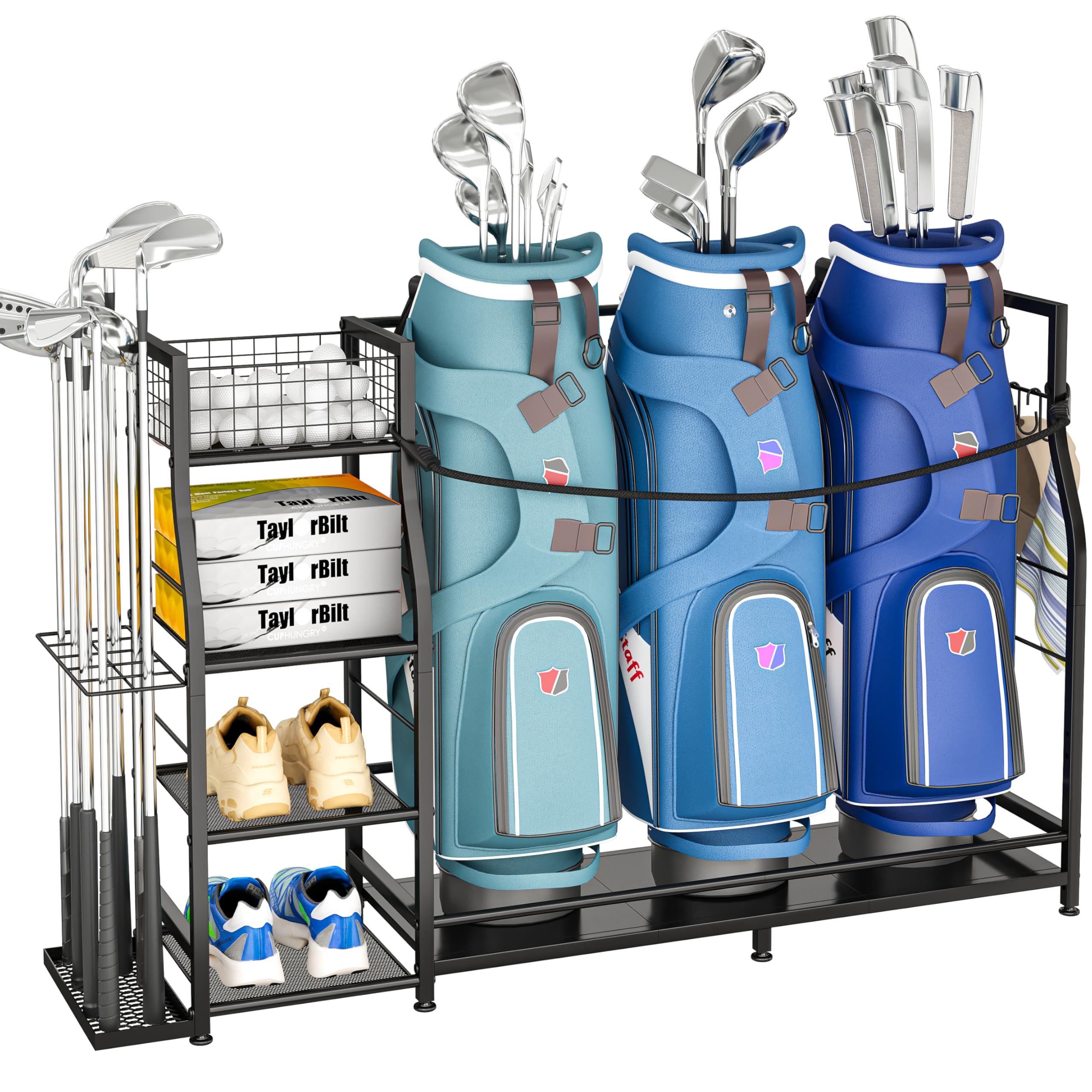 Golftaschenständer für Golftaschen-Zubehör, Golftaschen-Aufbewahrungs-Organizer passend für 3 Taschen für Garagenorganisation, Golf-Organizer mit zusätzlichem Aufbewahrungsregal für Golfschläger und
