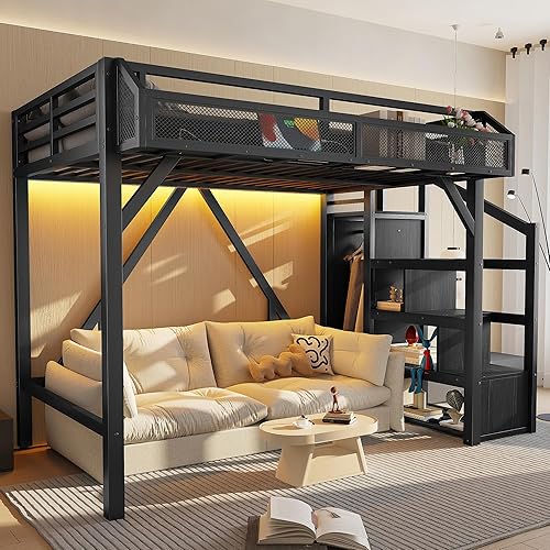 Bellemave Metal Twin Size Loft Bed with Stairs and Wardrobe,Heavy Duty Loft Bed Frame with LED Lights and Charging Station for for Kids,Teens,Adults,Black Woodgrain