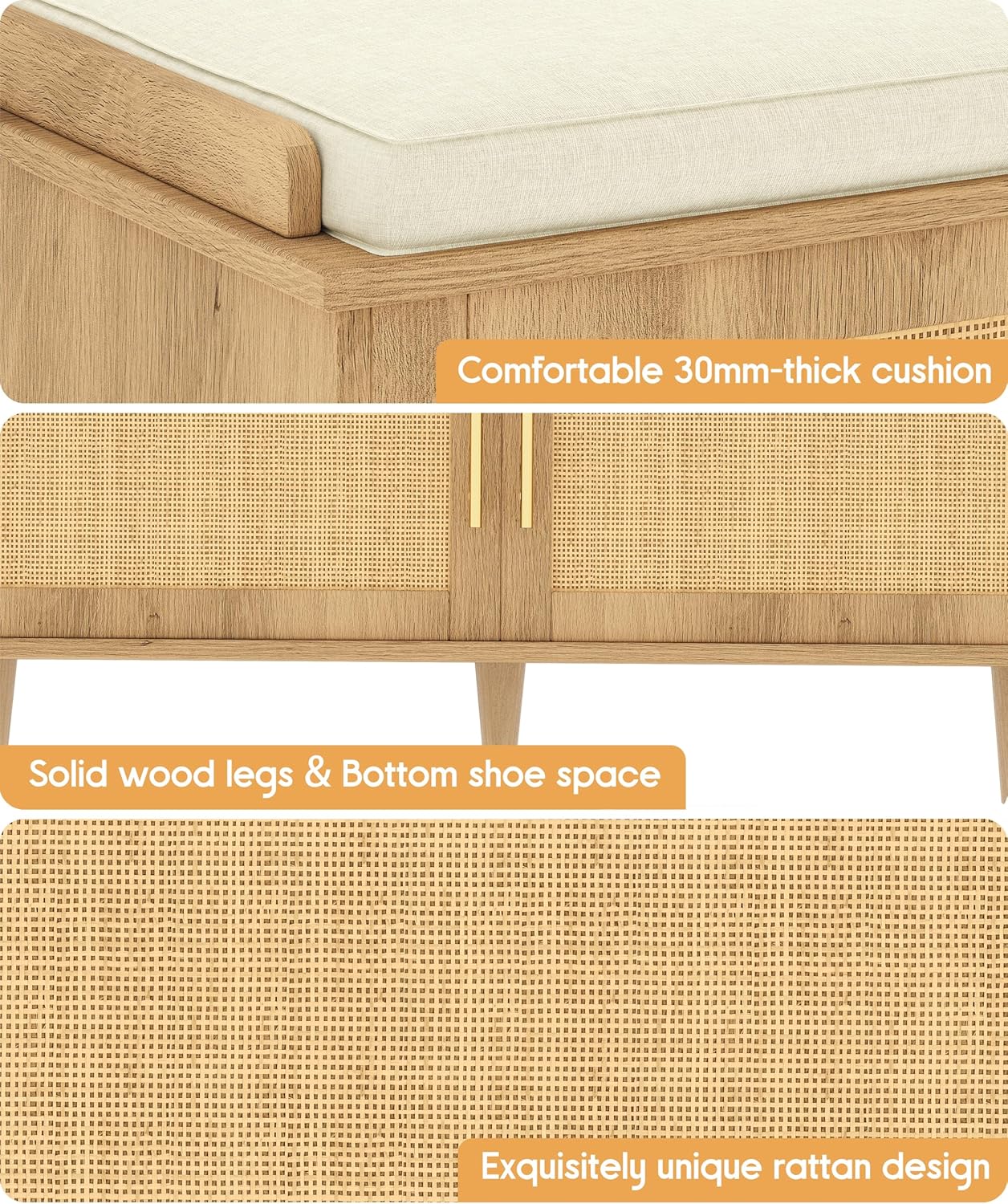 Natural Rattan Shoe Storage Bench with Cushion, Entryway Shoe Cabinet Bench with 2 Doors, 15"D x 39.4"W x 20"H, Wooden Shoe Organizer, Adjustable Shelf, Solid Wood Legs, for Hallway, Bedroom image 5 of 8 B0DRC9FXFN